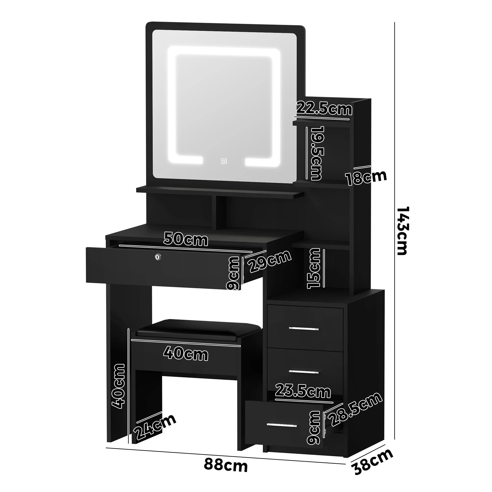 9 Oikiture Dressing Table Stool Set Makeup Mirror Led Light Storage Cabinet
 - Black, 9 of 9