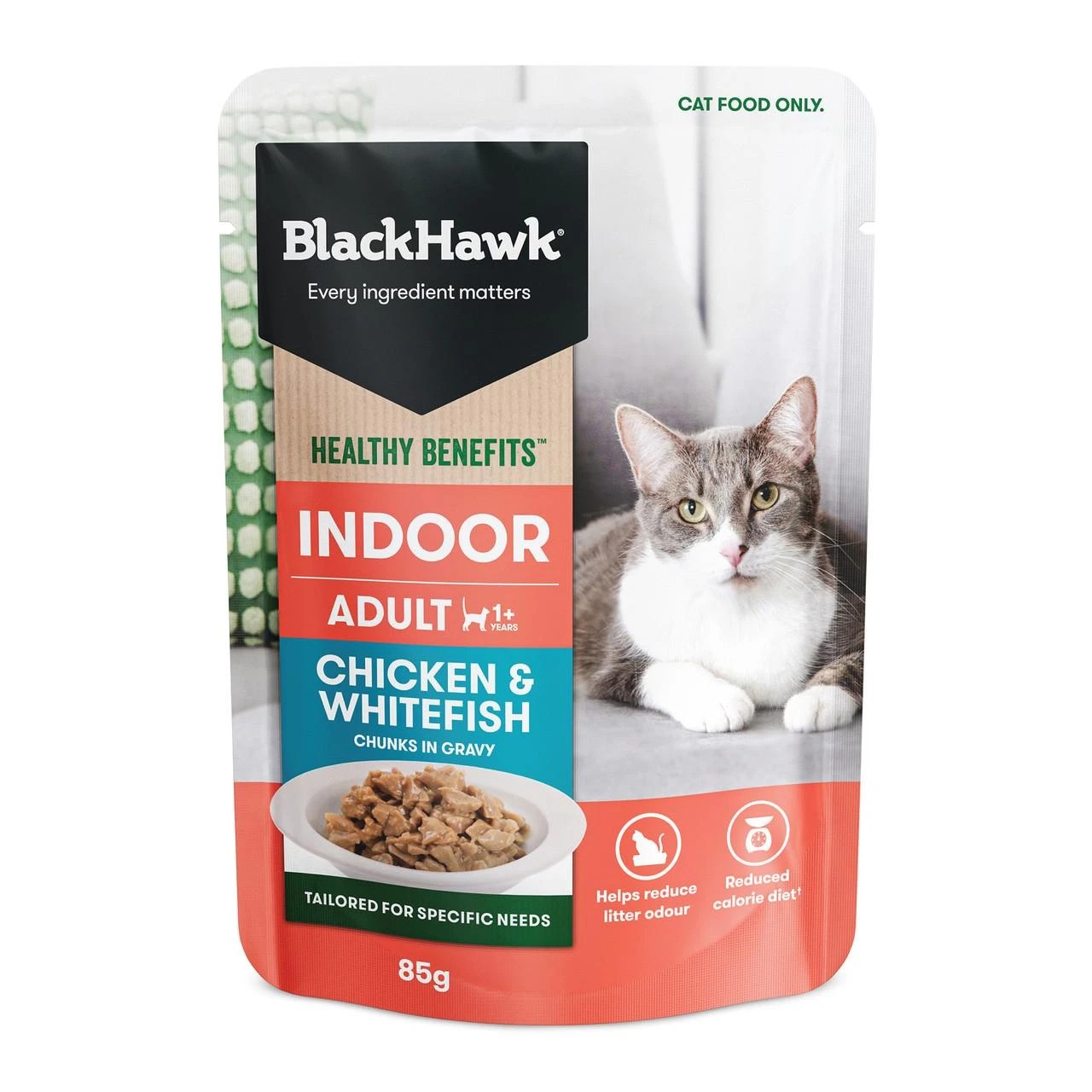 1 Black Hawk Healthy Benefits Indoor Adult Pouches Chicken And Whitefish 12 X 85g, 1 of 2