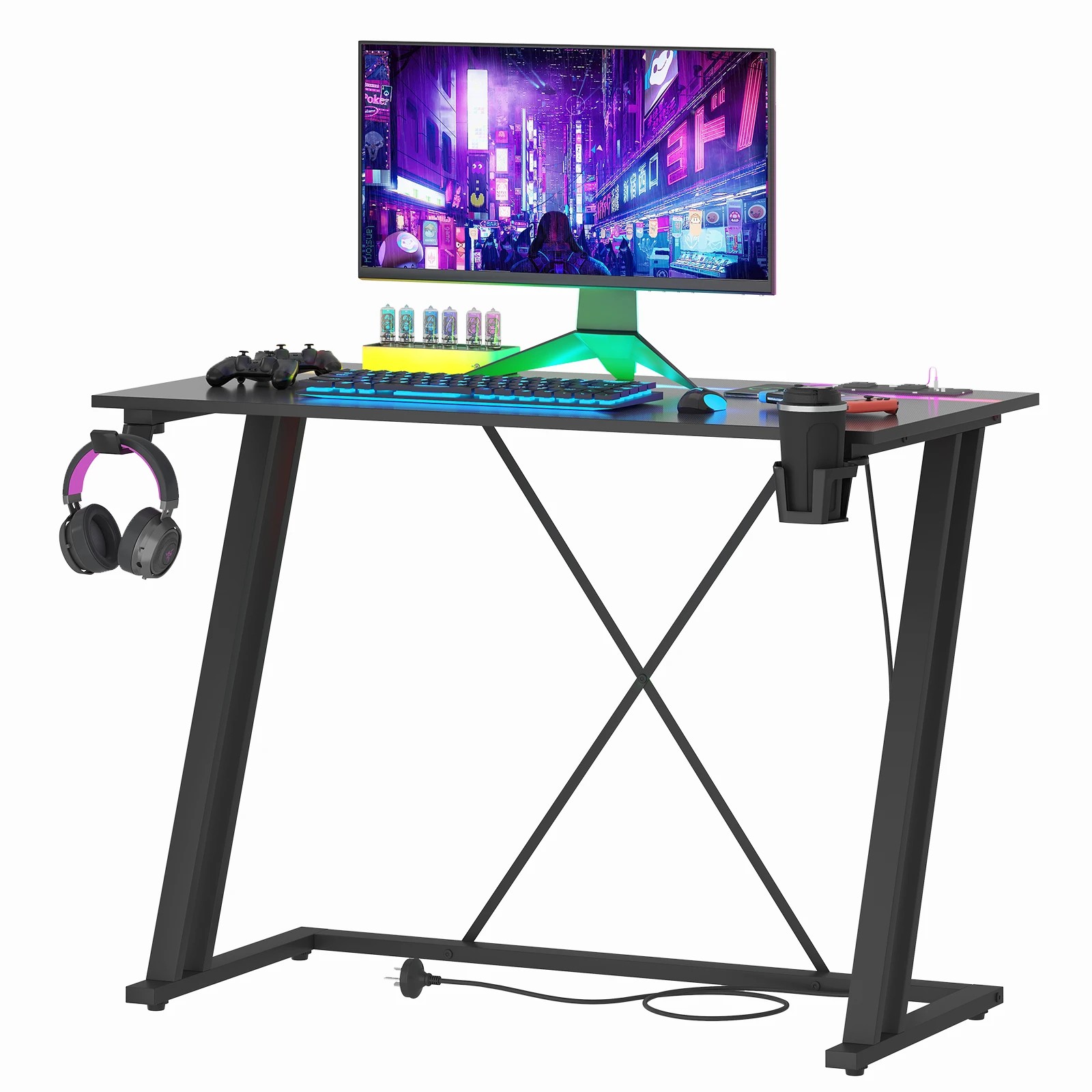 4 Advwin Gaming Desk Built-in Led Lights & Power Outlets 100cm Carbon Fiber Surface Computer Desk Black, 4 of 4