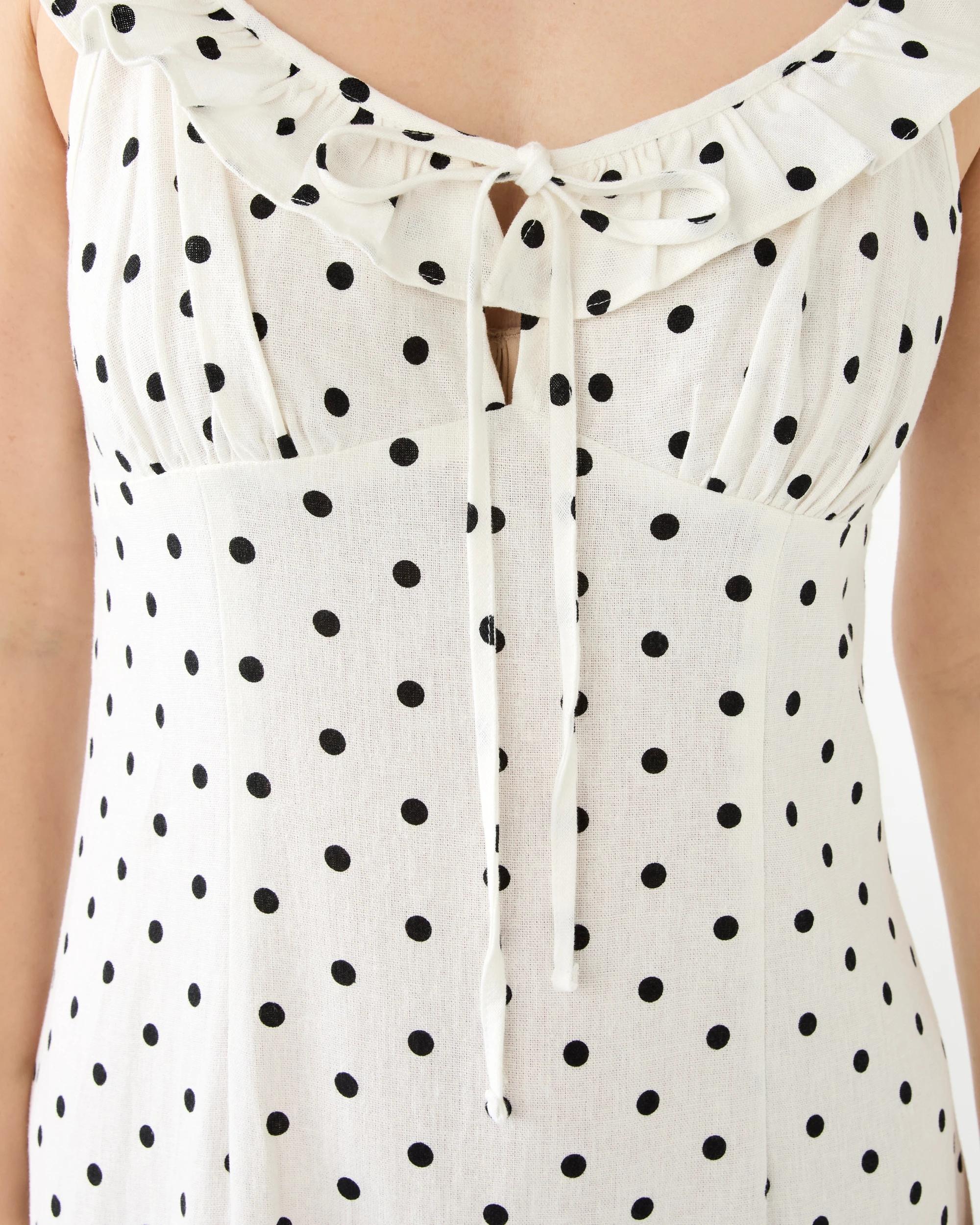 5 Sleeveless Linen Blend Frill Detail Midi Dress White Spot, 5 of 7
