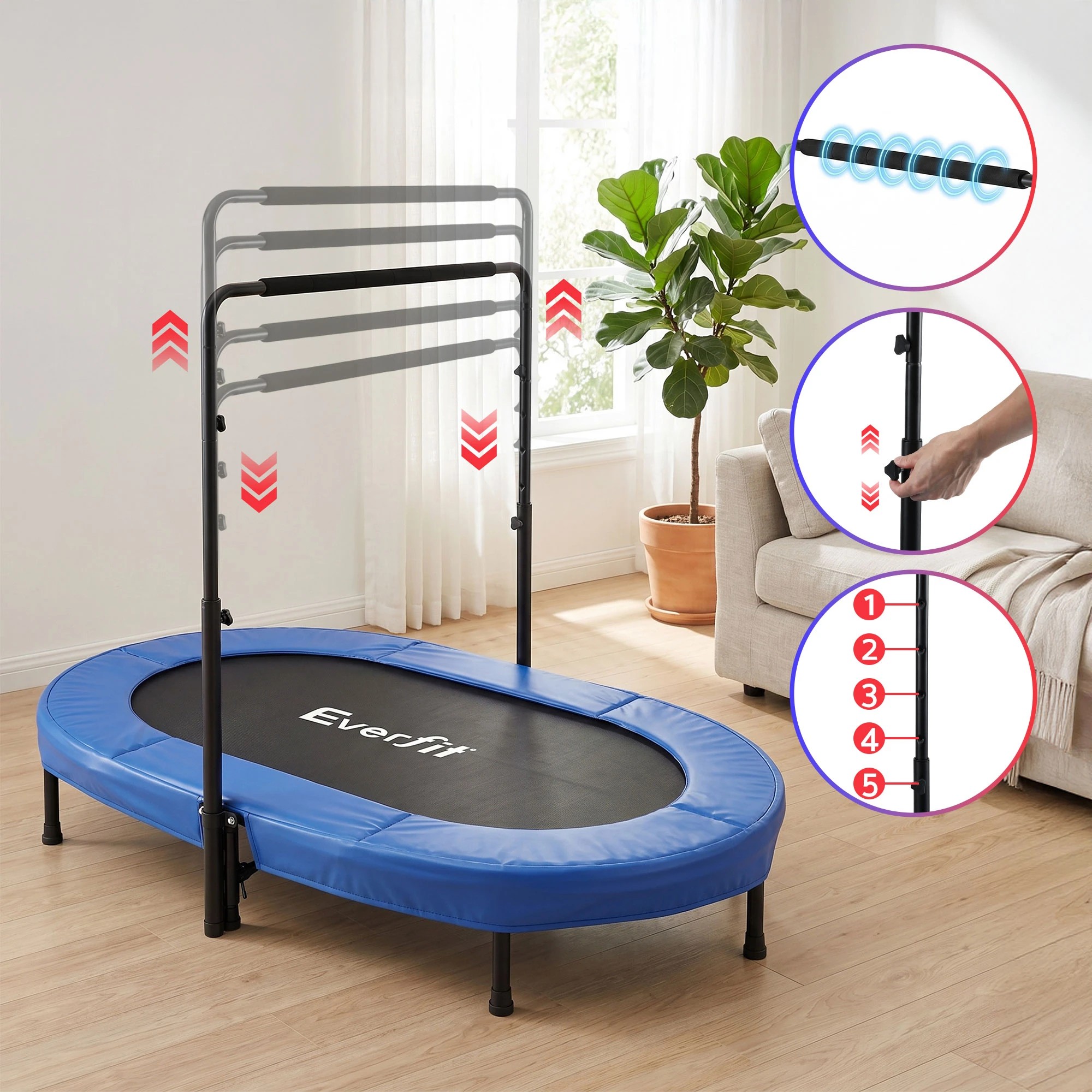 7 Everfit 56-Inch Foldable Fitness Trampoline Indoor Rebounder Double Mini Trampoline Adjustable Handrail 150KG - Blue, 7 of 7