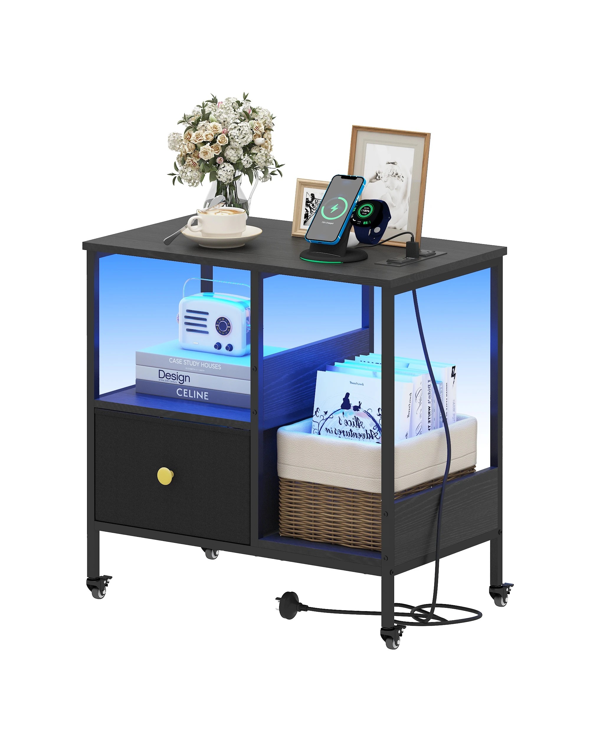 7 Advwin LED Side Table Sofa End Table w/ Power Outlets & Wheels Slim Bedside Table w/Reversible Drawer  - Black, 7 of 10