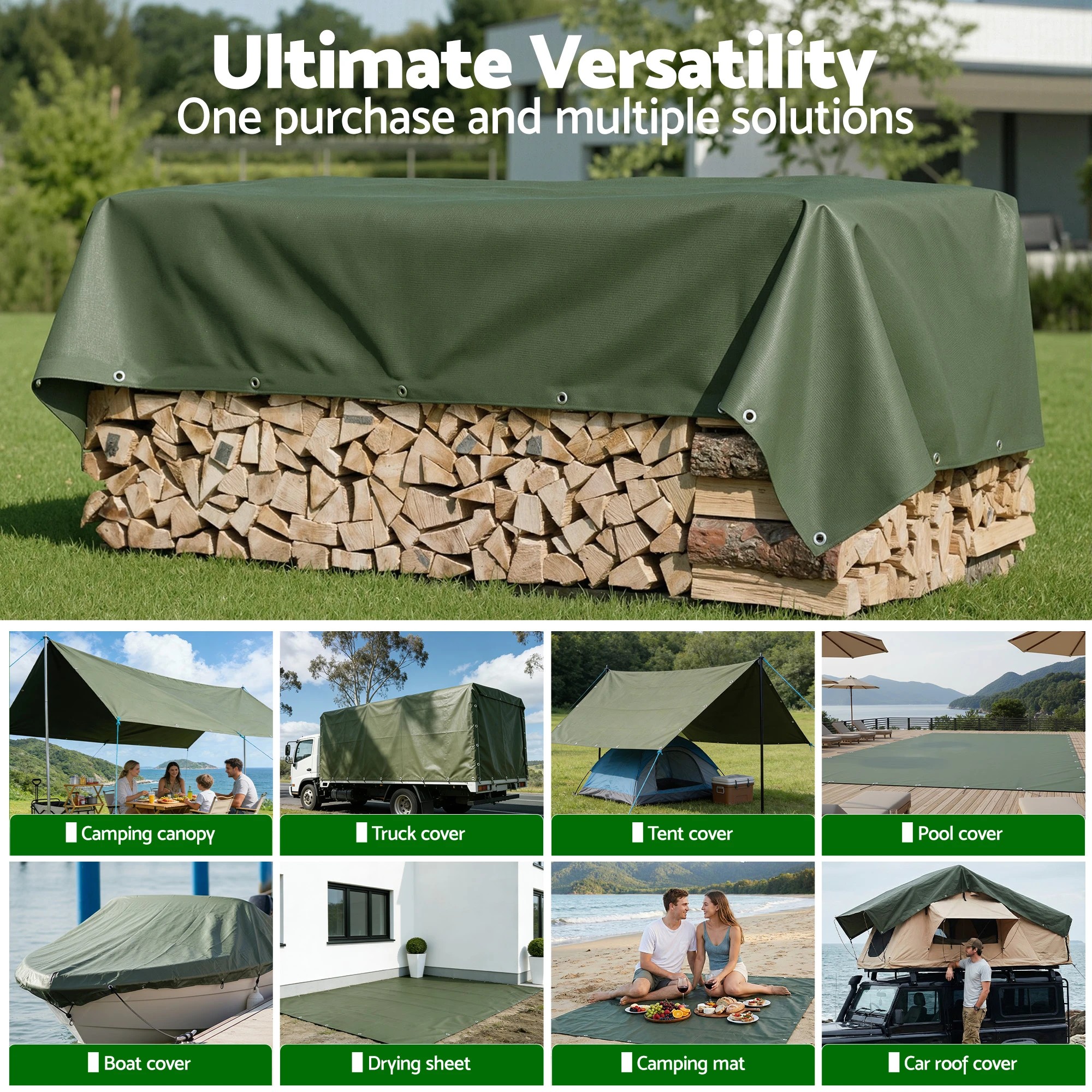 6 Instahut 4x6m Tarp Tarpaulin 600GSM Camping Canvas Heavy Duty Water Resistant - Green, 6 of 6