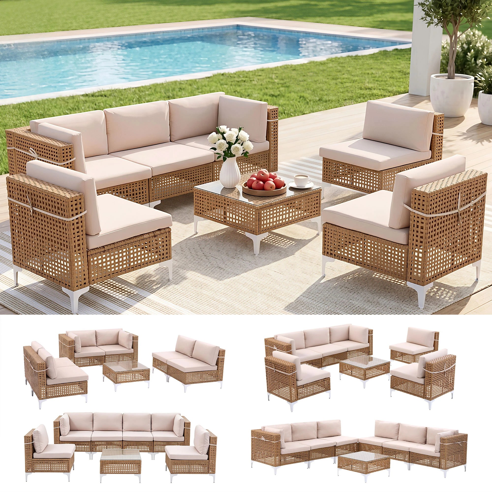 4 Gardeon 6 Seater Outdoor Sofa Set 7PCS Table Chair Set Garden Rattan Patio Furniture - Beige, 4 of 7