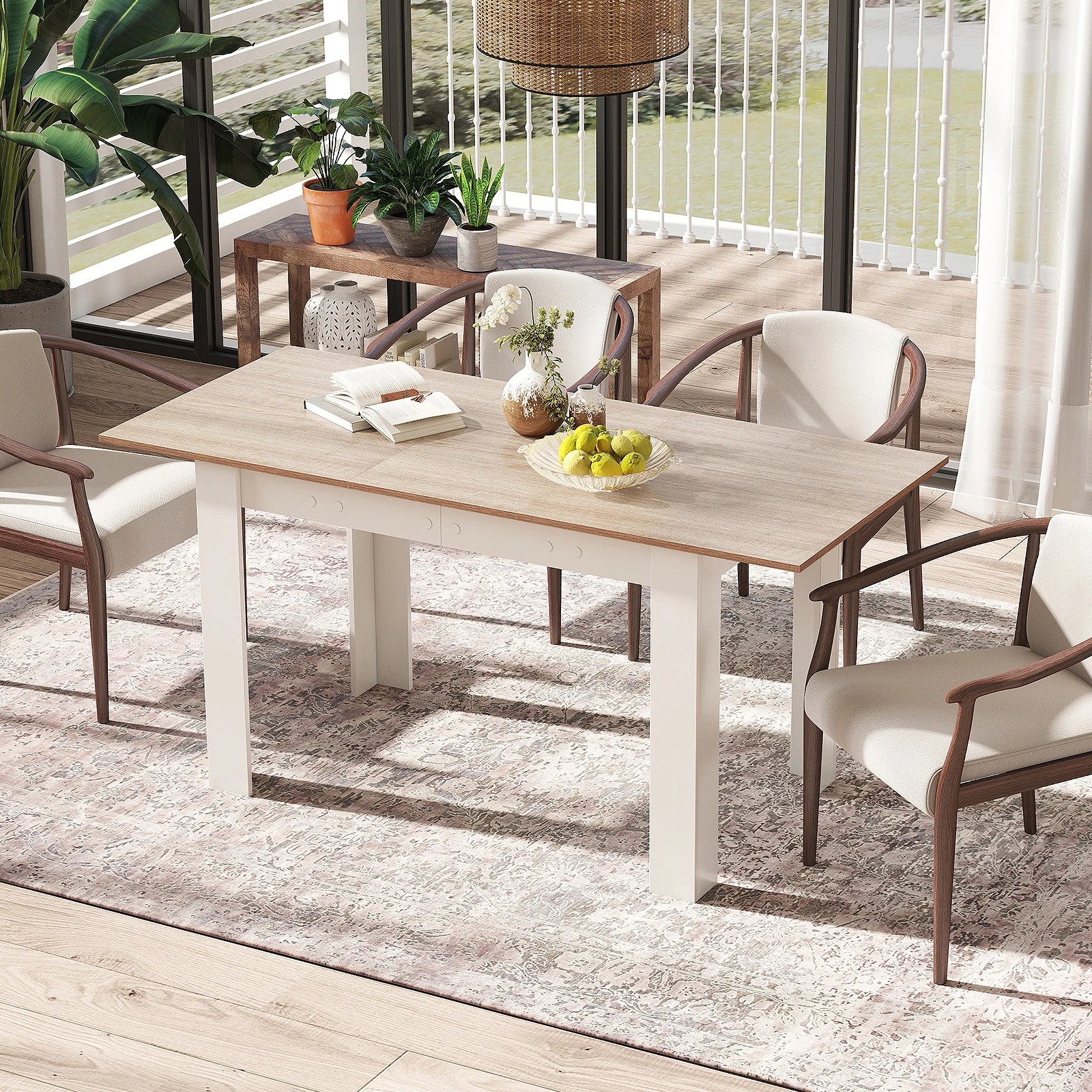 2 Costway 158cm Extendable Dining Table 4-6 People Kitchen Counter Table w/Adjustable Tabletop - White, 2 of 4