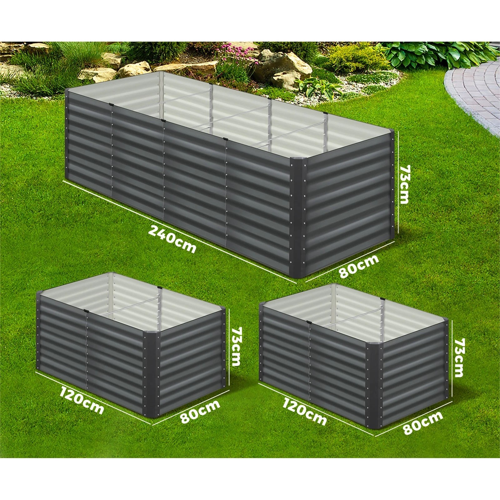 4 Livsip Garden Bed Kits Raised Vegetable Planter Galvanised Steel 240x80x73CM - Grey, 4 of 8