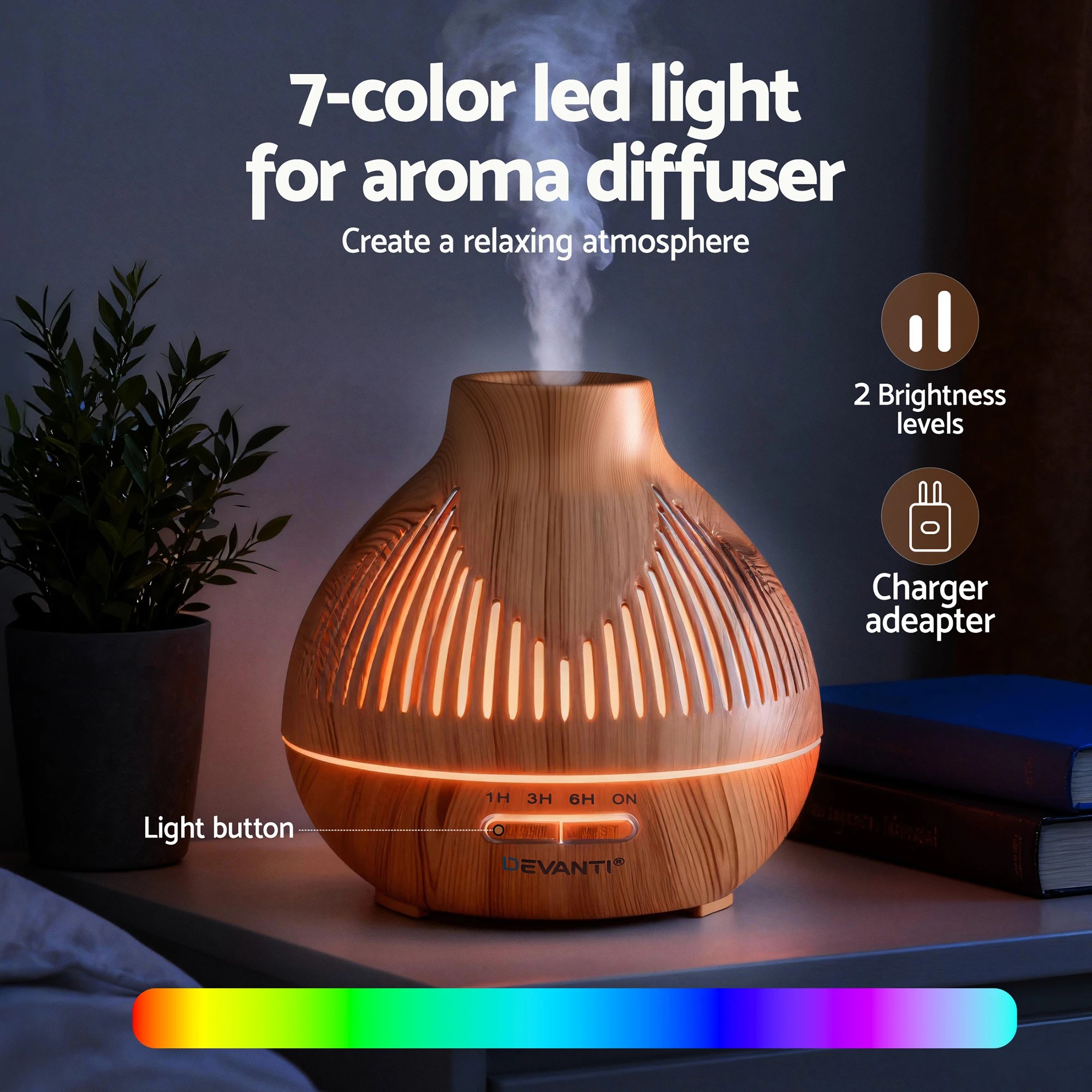 5 Devanti Ultrasonic Aroma Diffuser Aromatherapy 400ml LED Lights Iron Humidifier  Light wood grain - Natural, 5 of 9