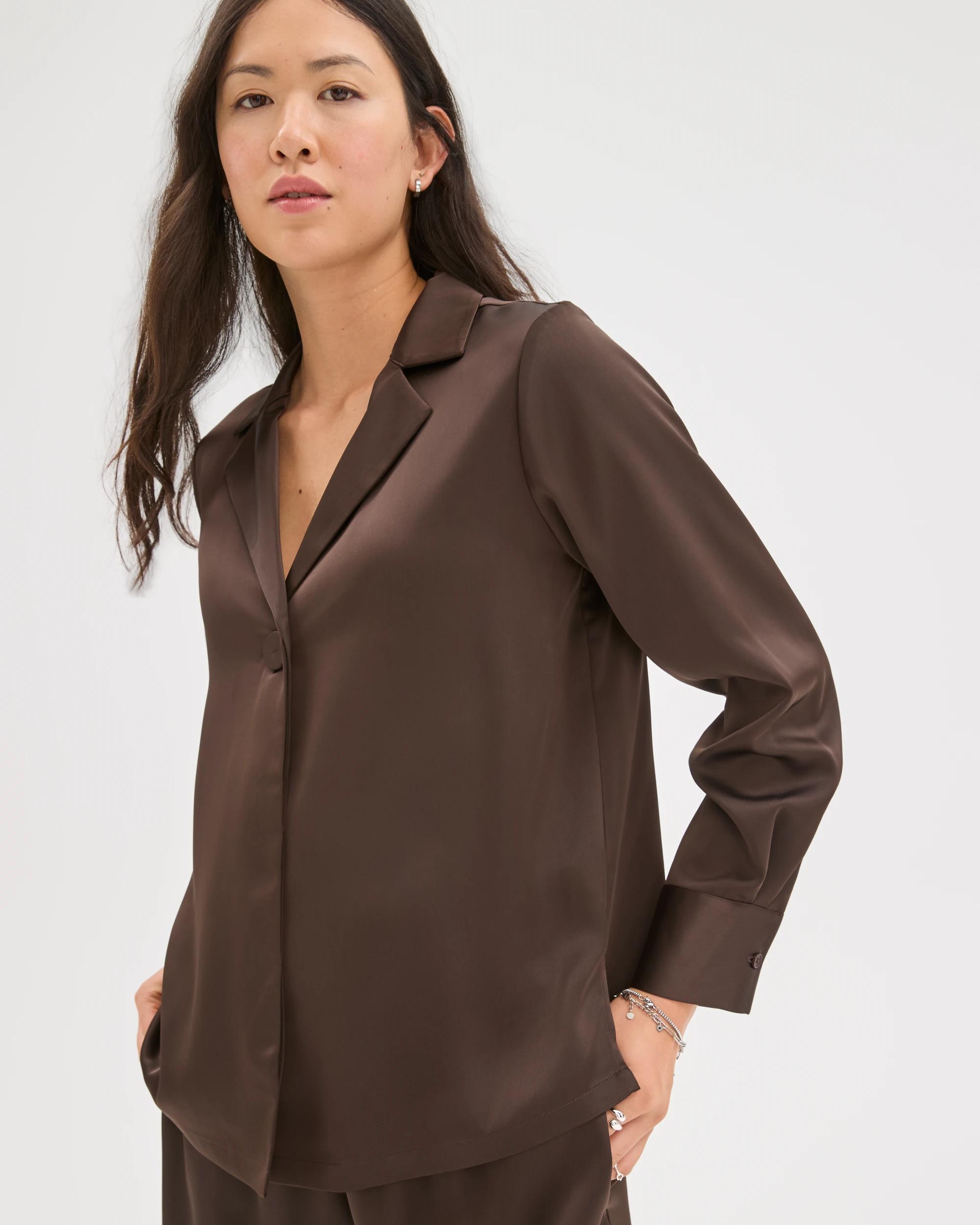 3 Preview Long Sleeve Satin Shirt COFFEE BEAN, 3 of 6