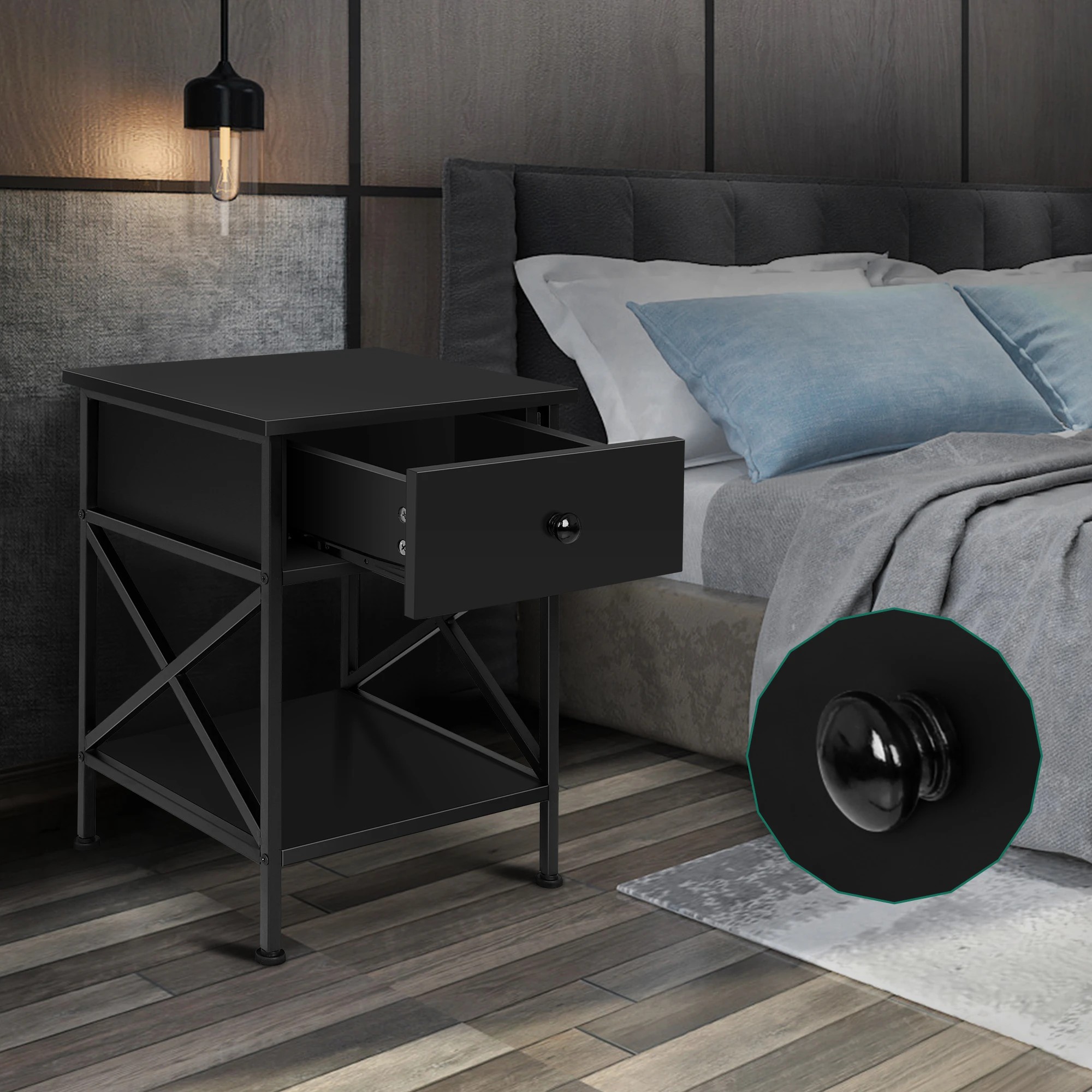 6 Alfordson Bedside Table Retro Wooden Nightstand Vintage Storage Side Cabinet - Black, 6 of 10