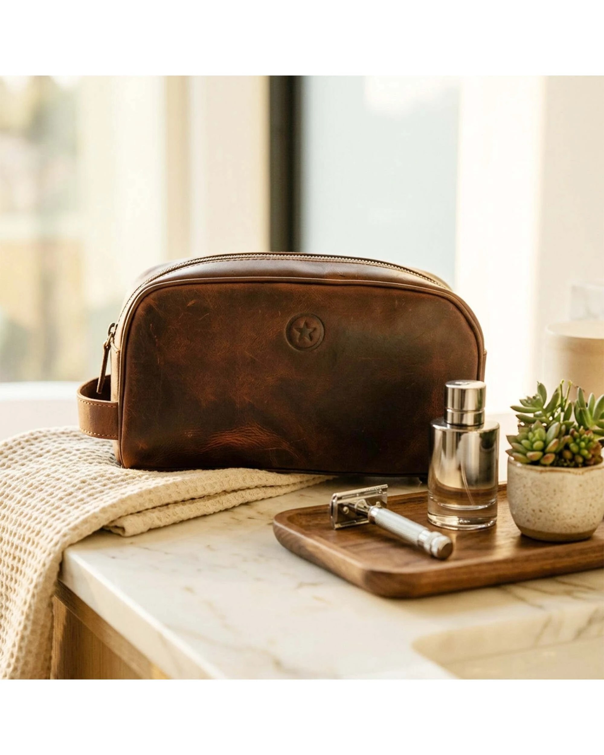 2 Aaron Leather Toiletry Bag for Men Leather Unisex Make-up Bag Travel Dopp Kit - Brown, 2 of 5