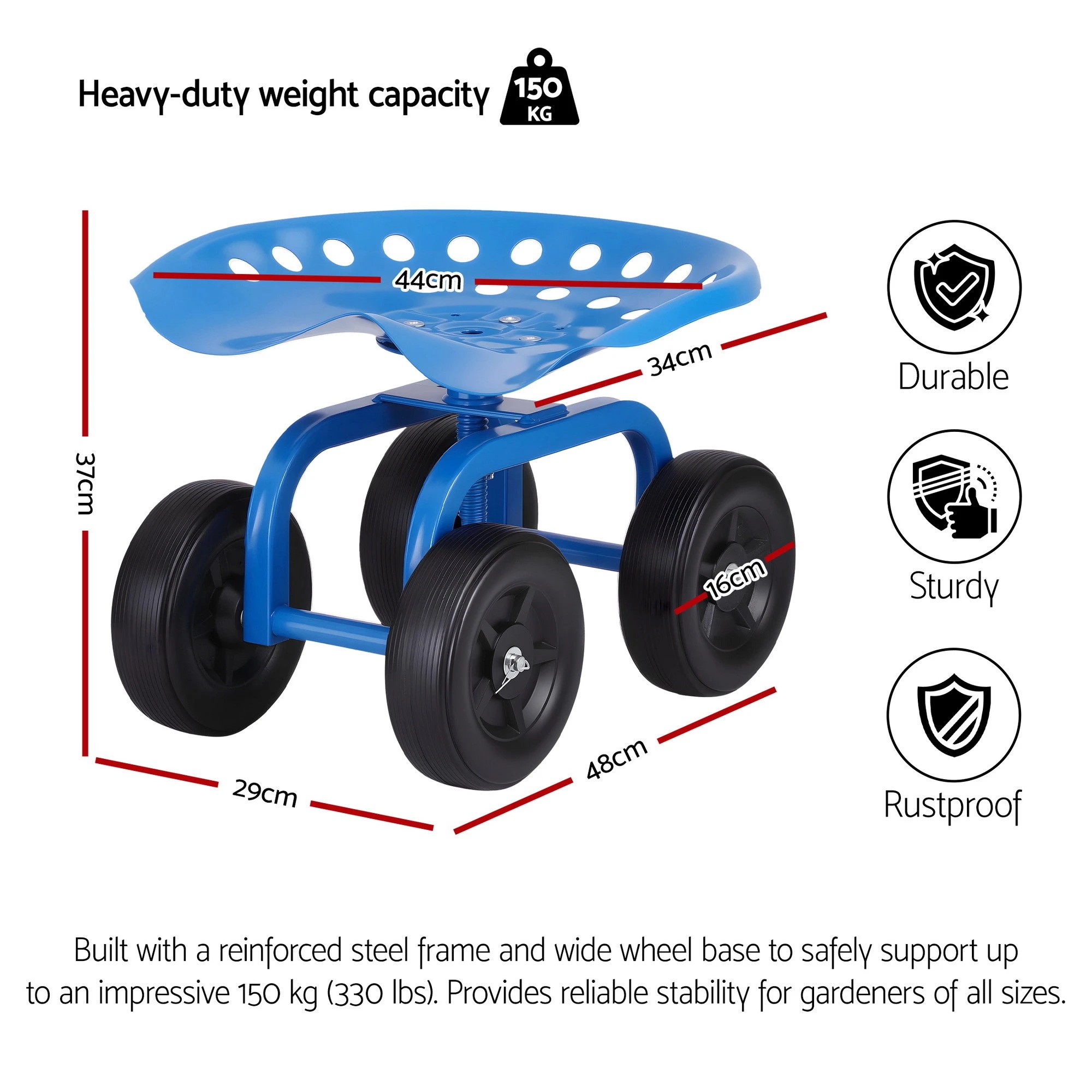 2 Gardeon Garden Seat 360 Swivel Rolling Adju Height Work Scooter Cart Wheels Heavy Duty 150kg - Multi, 2 of 9