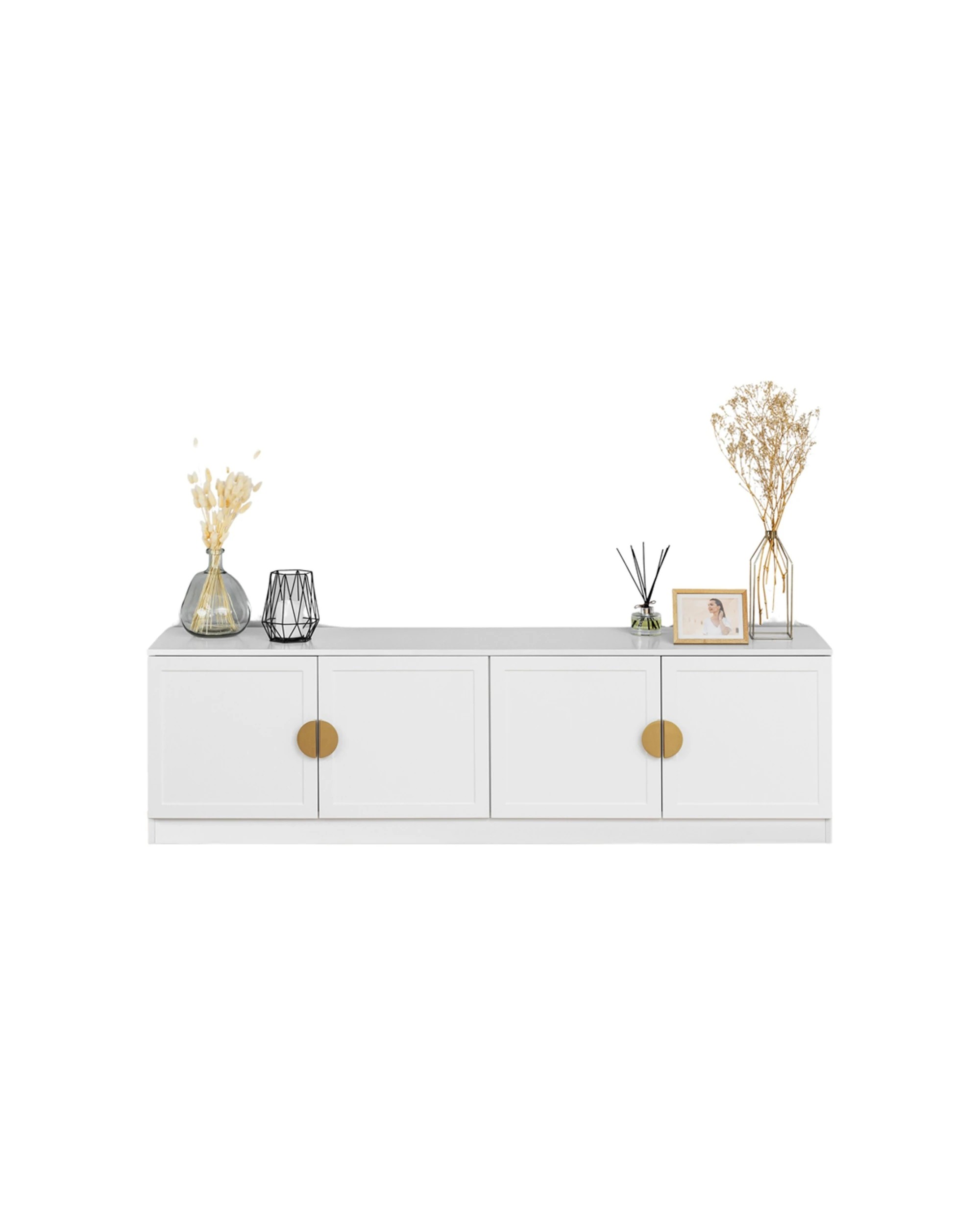 1 European Cabinetry Bucharest Hamptons Panel TV Unit Brass Half Moon Handle - White, 1 of 4