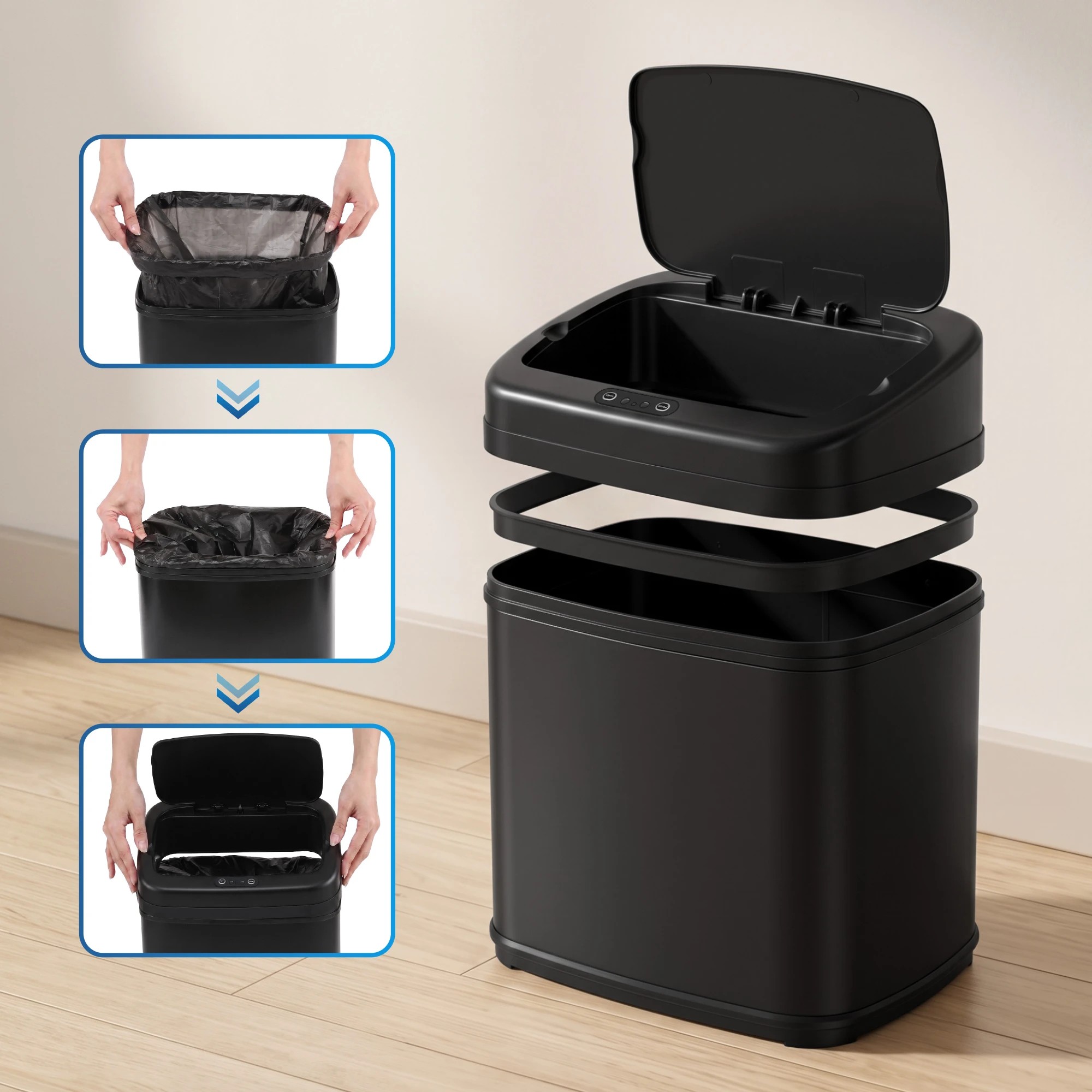 6 Devanti 15L Motion Sensor Bin Touchless Bins Soft-Close Rubbish Trash Can - Black, 6 of 9
