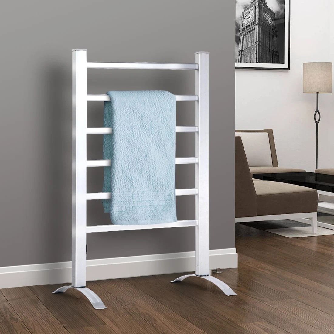 3 Devanti Electric Heated Towel Rail Rack 6 Bars Freestanding Clothes Dry Warmer
 - silver, 3 of 5