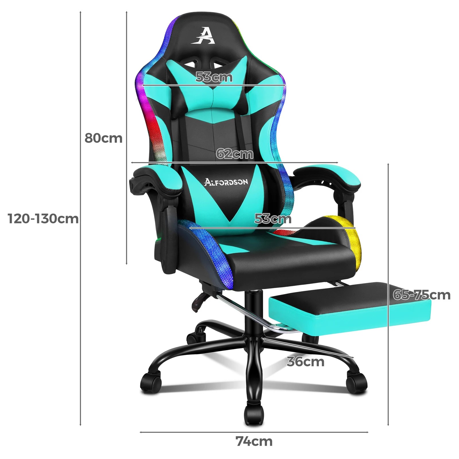 3 Alfordson Gaming Chair Office Massage 12 RGB LED Computer Seat PU Leather - Cyan, 3 of 10