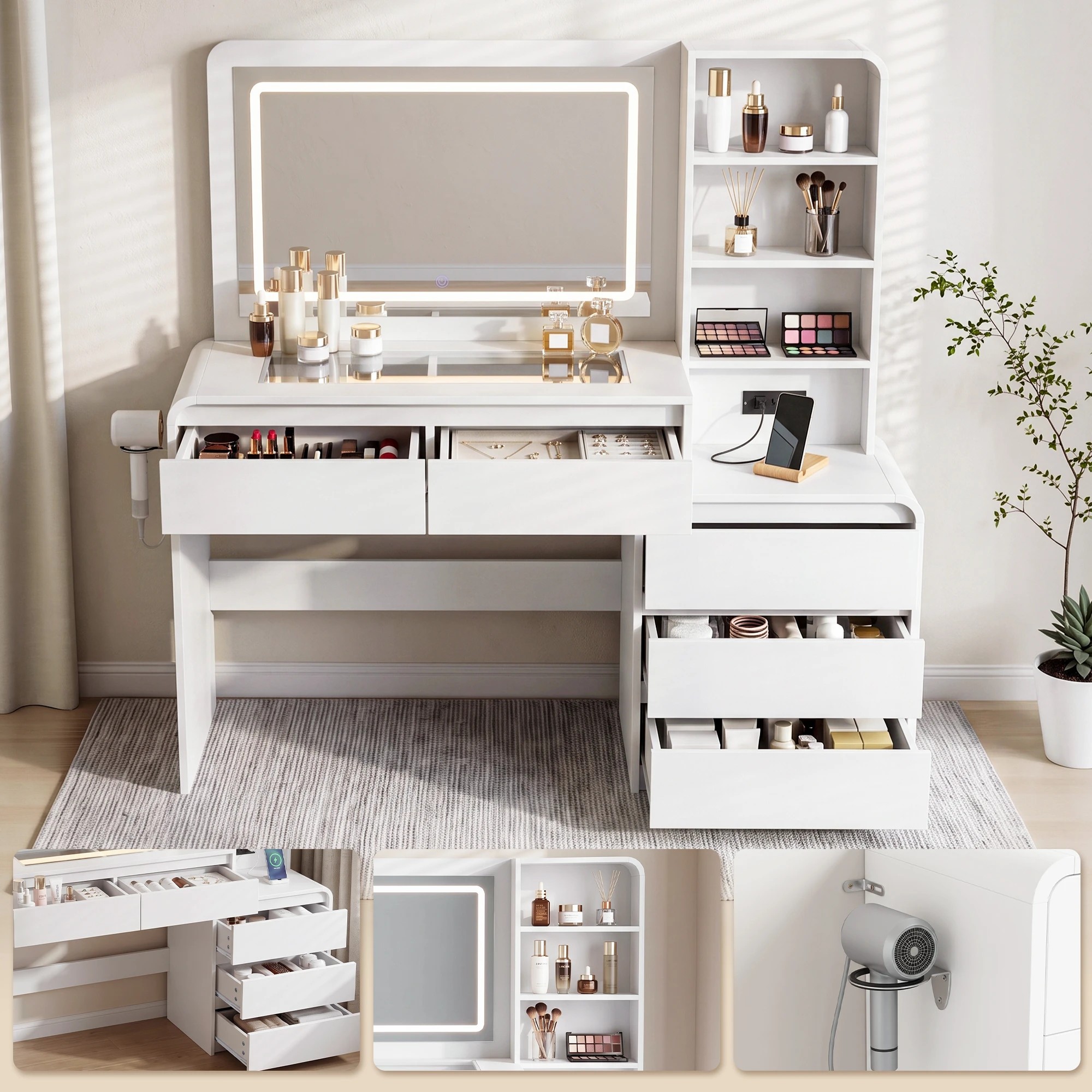 6 Artiss Dressing Table Makeup Vanity Desk LED Mirror Drawers Charging Station Curved Edge- White, 6 of 10