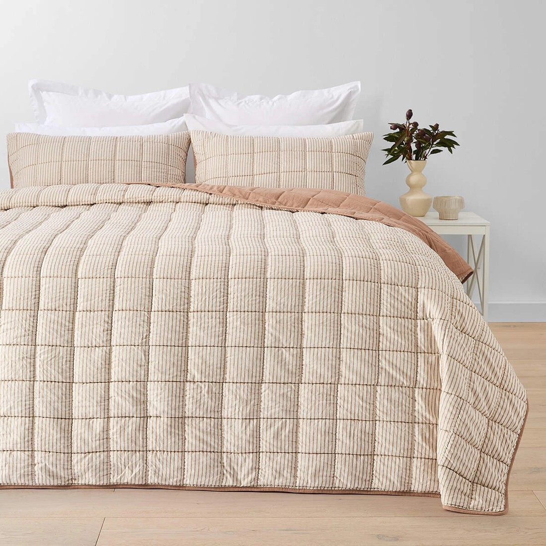 1 Stripe Reversible Coverlet Set - Queen/King Bed, Tan, 1 of 7