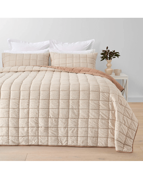 Stripe Reversible Coverlet Set - Queen/King Bed, Tan