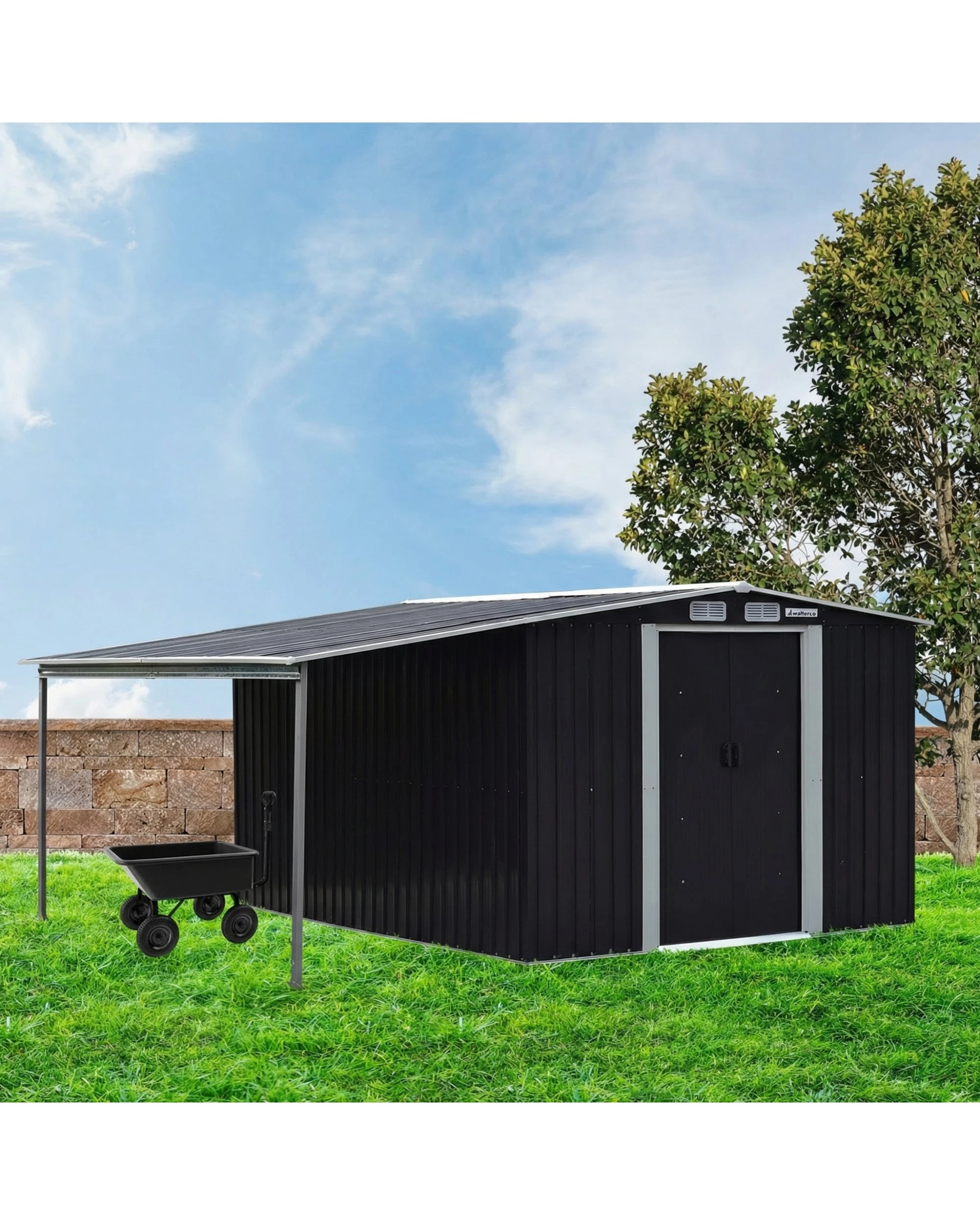 6 Wallaroo 10x8ft Steel Garden Shed with Open Storage Sloped Roof Tool Shelter - Black, 6 of 10