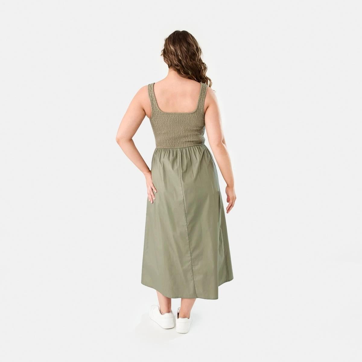 4 Sleeveless Shirred Knit Woven Midi Dress PAVEMENT GREY, 4 of 8