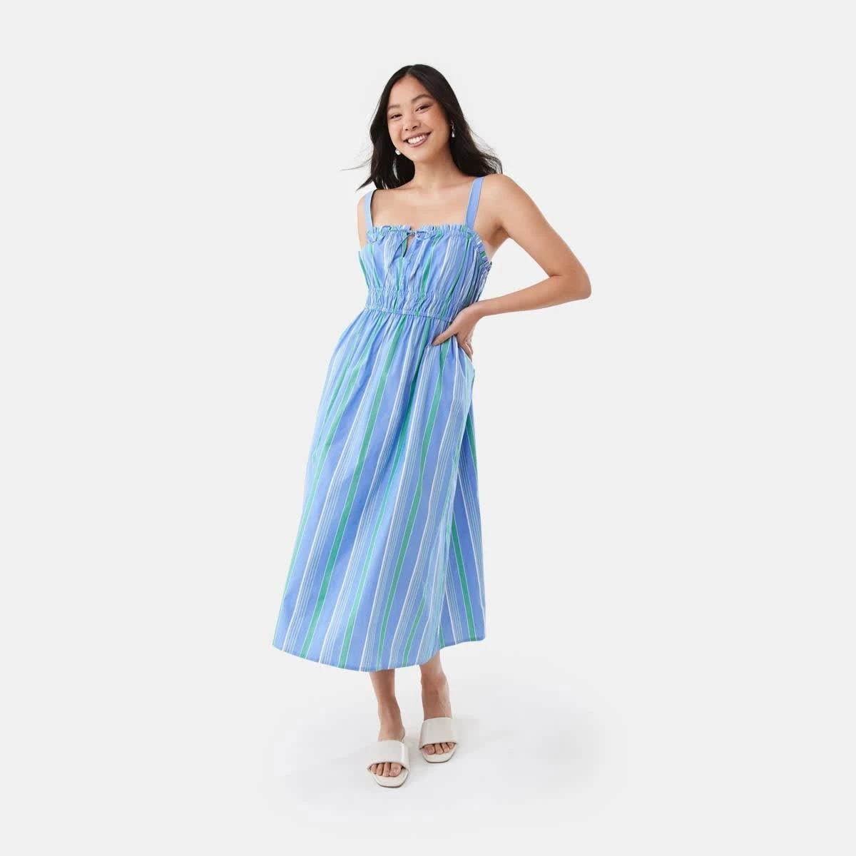 1 Sleeveless Poplin Tie Midi Dress POP STRIPE BLUE MARINE, 1 of 7