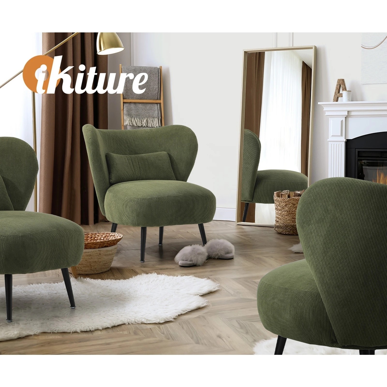 5 Oikiture 2x Armchair Lounge Chair With Lumbar Pillow Wingback Velvet
 - Green, 5 of 10