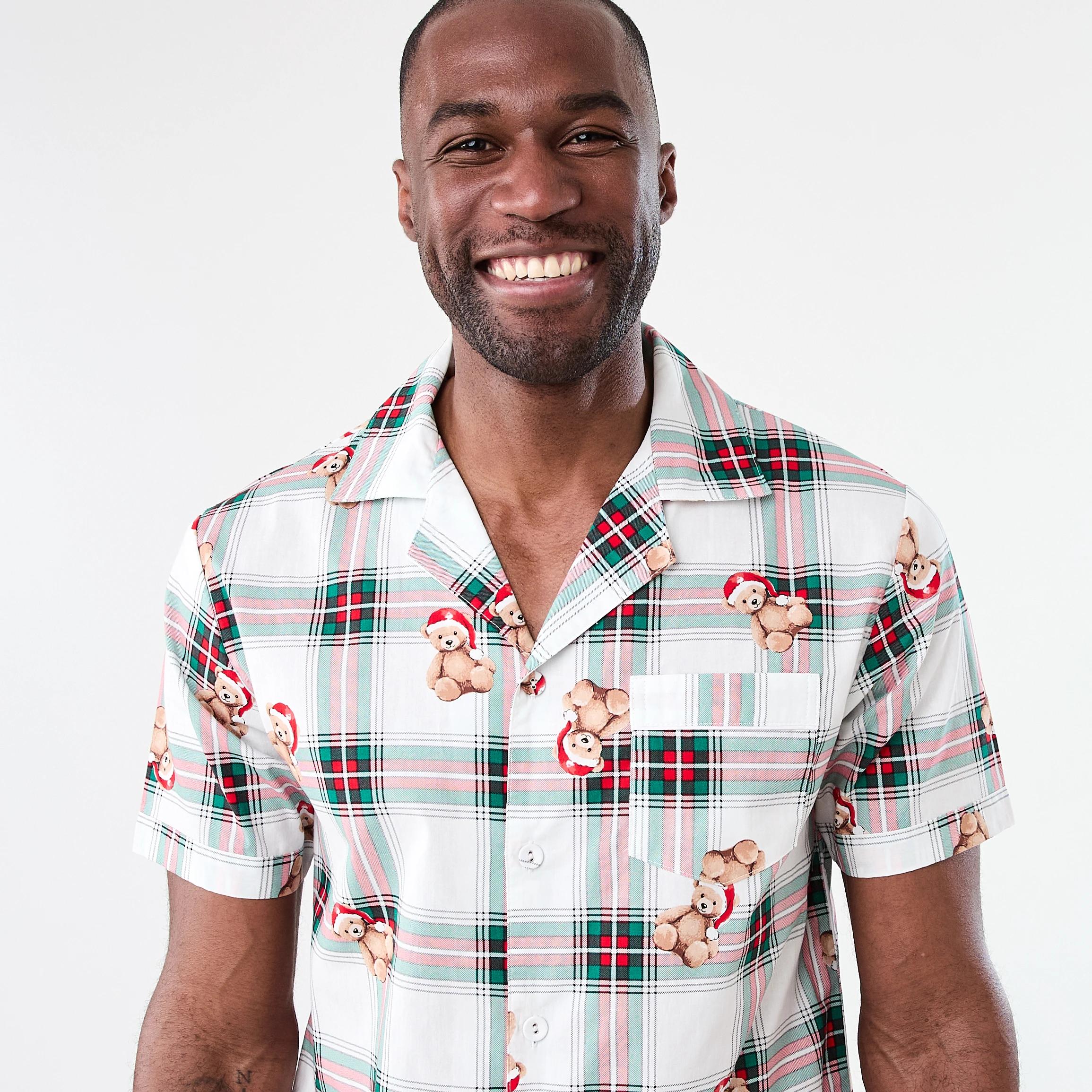 4 Christmas Short Sleeve Button Through Woven Family Matching Pyjama Set BEAR CHECK OFF WHITE, 4 of 8