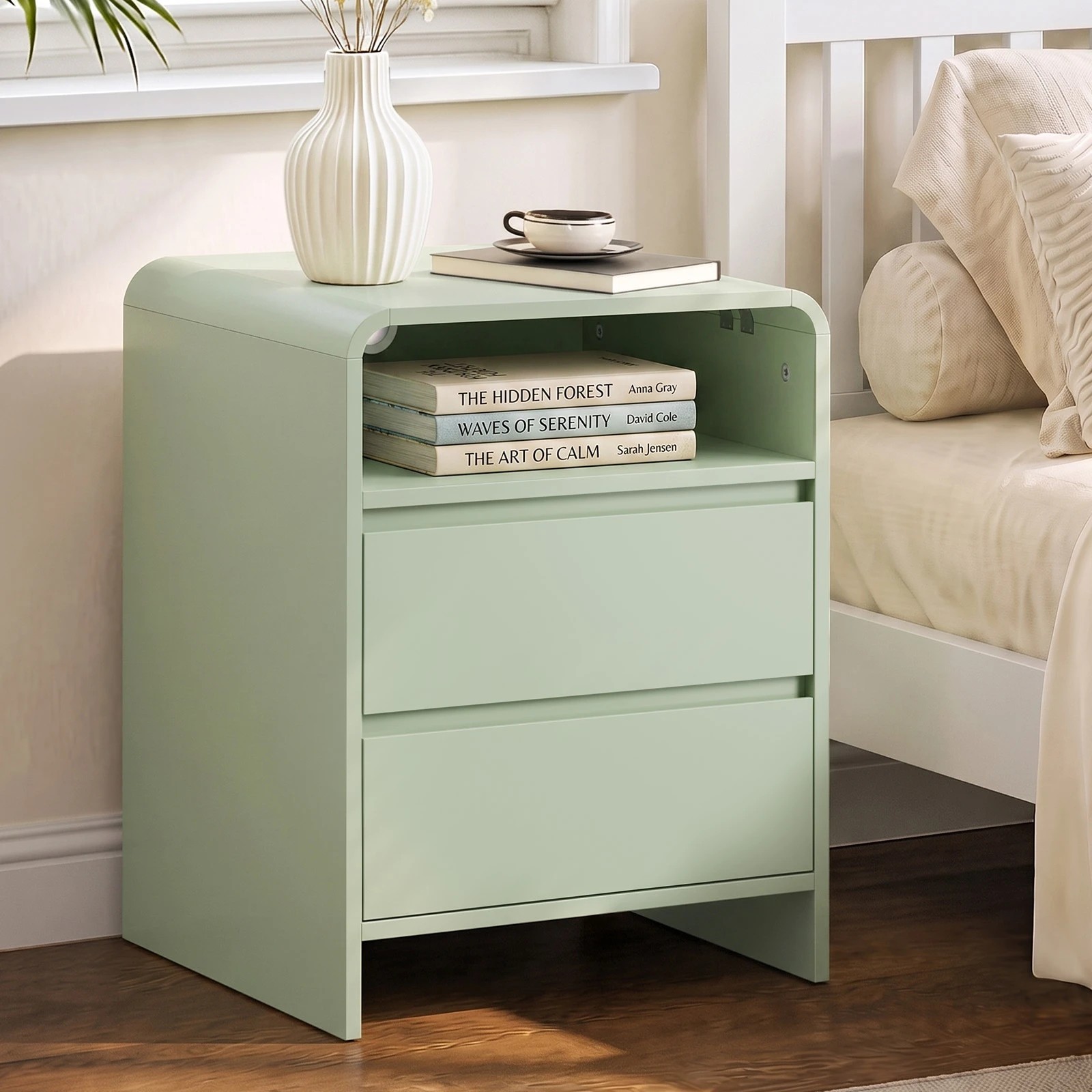 Oikiture Bedside Table Open Shelf Nightstand Handle-Free Drawers ...