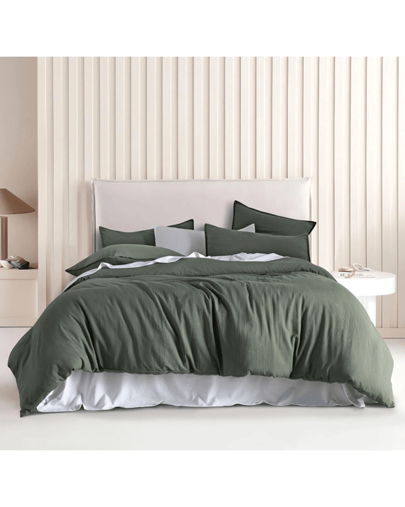 CleverPolly 100% Vintage Washed Microfibre Quilt Cover Set - Khaki Green - Super King Bed