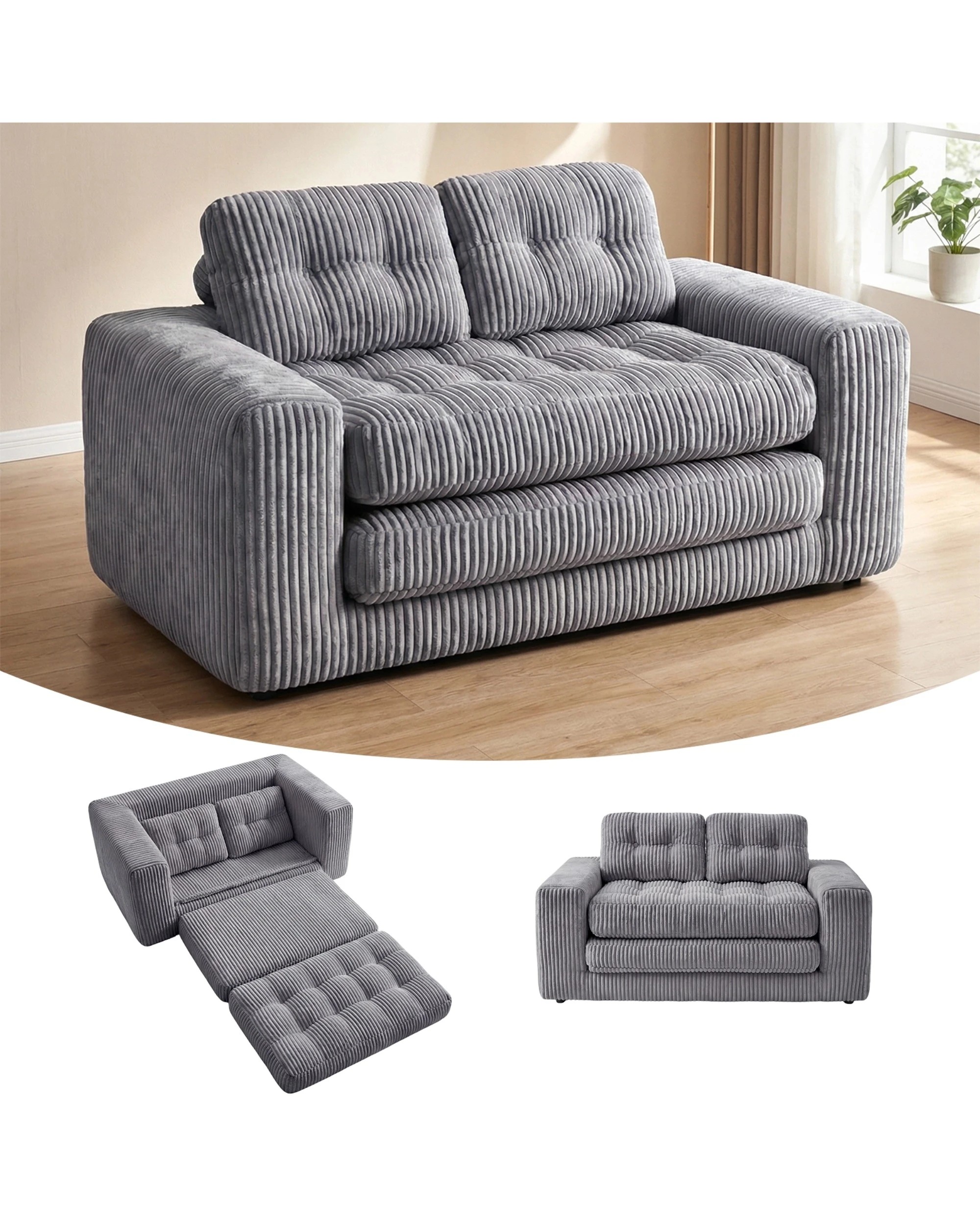 1 Advwin Folding Sofa Bed 2 in 1 Convertible Floor Loveseat Sofa Fold Out Corduroy Sleeper Couch with 2 Pillows, 1 of 10