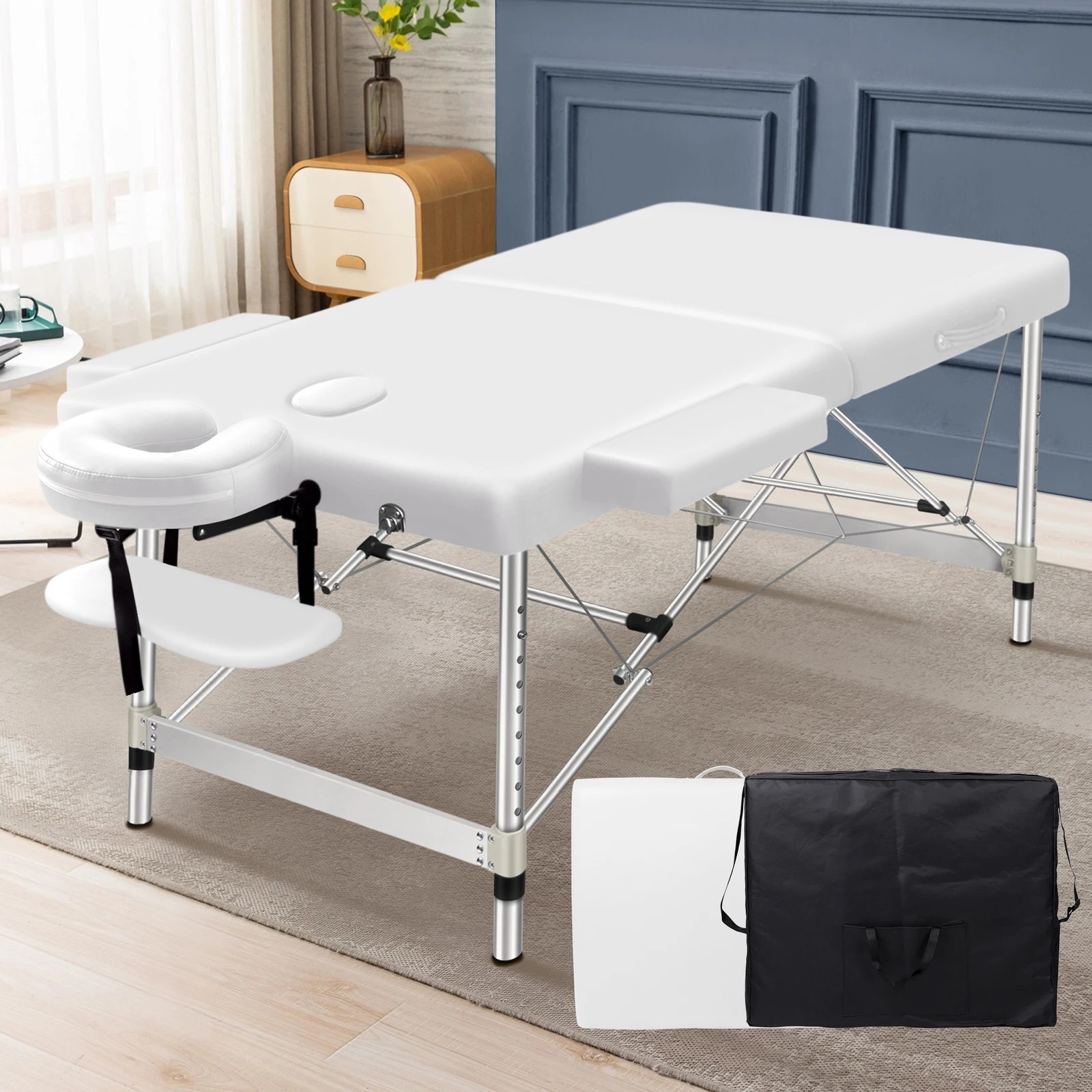 2 Alfordson Massage Table 2 Fold 55cm Foldable Portable Bed Desk Aluminium Lift Up - White, 2 of 4
