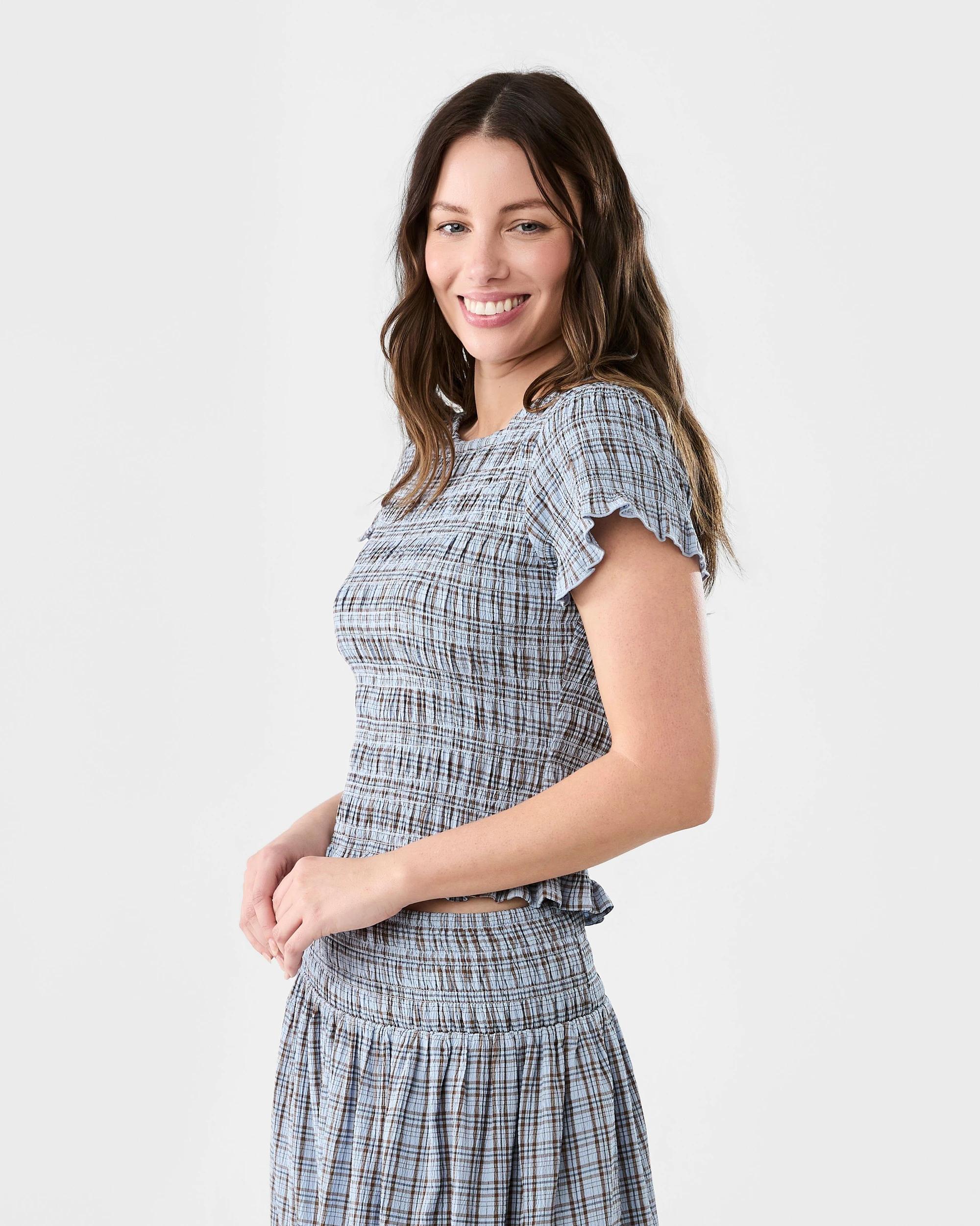 2 Short Sleeve Shirred Top Ging Blu, 2 of 6
