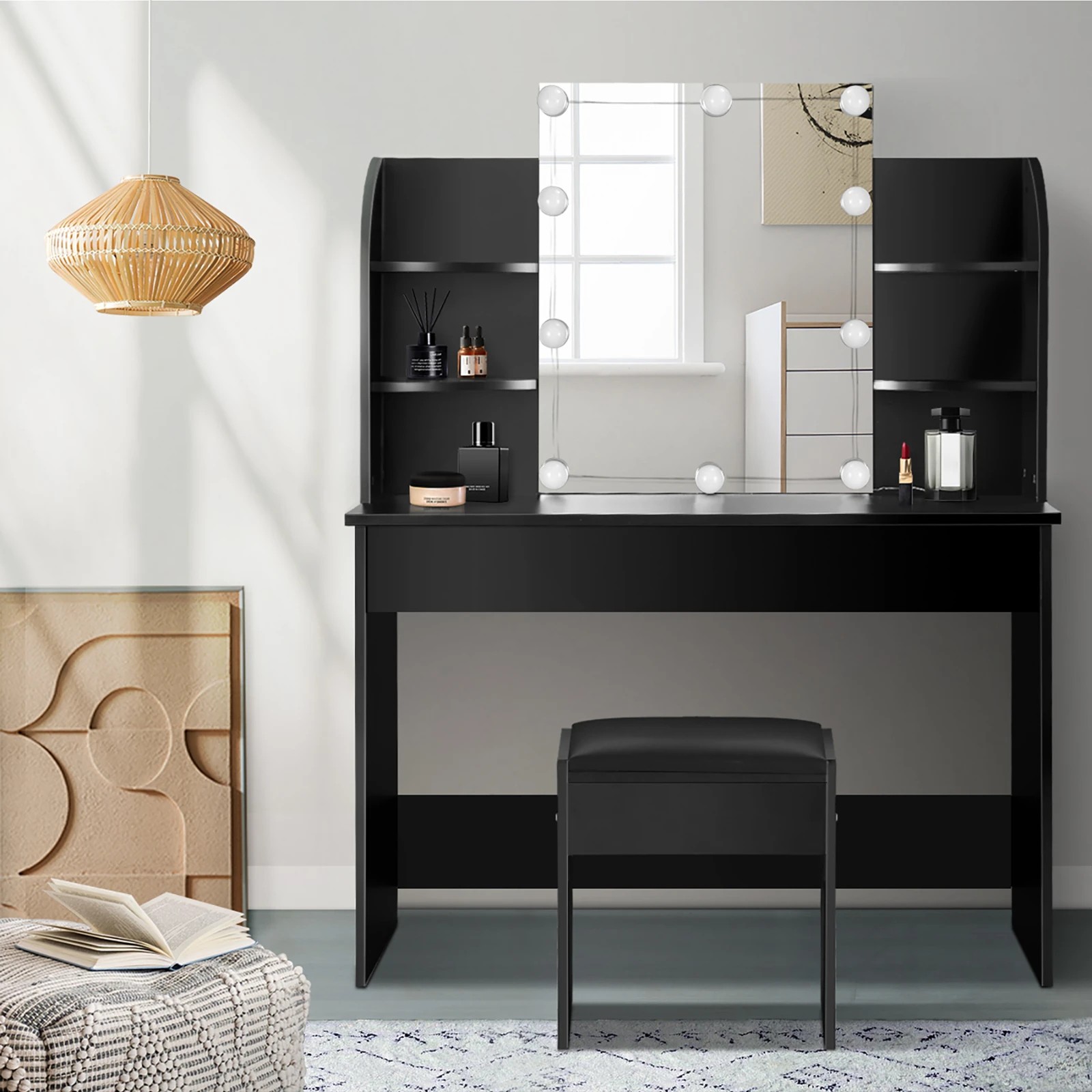 3 Oikiture Dressing Table Stool Set Makeup Mirror Storage Drawer 10led Bulbs
 - Black, 3 of 9