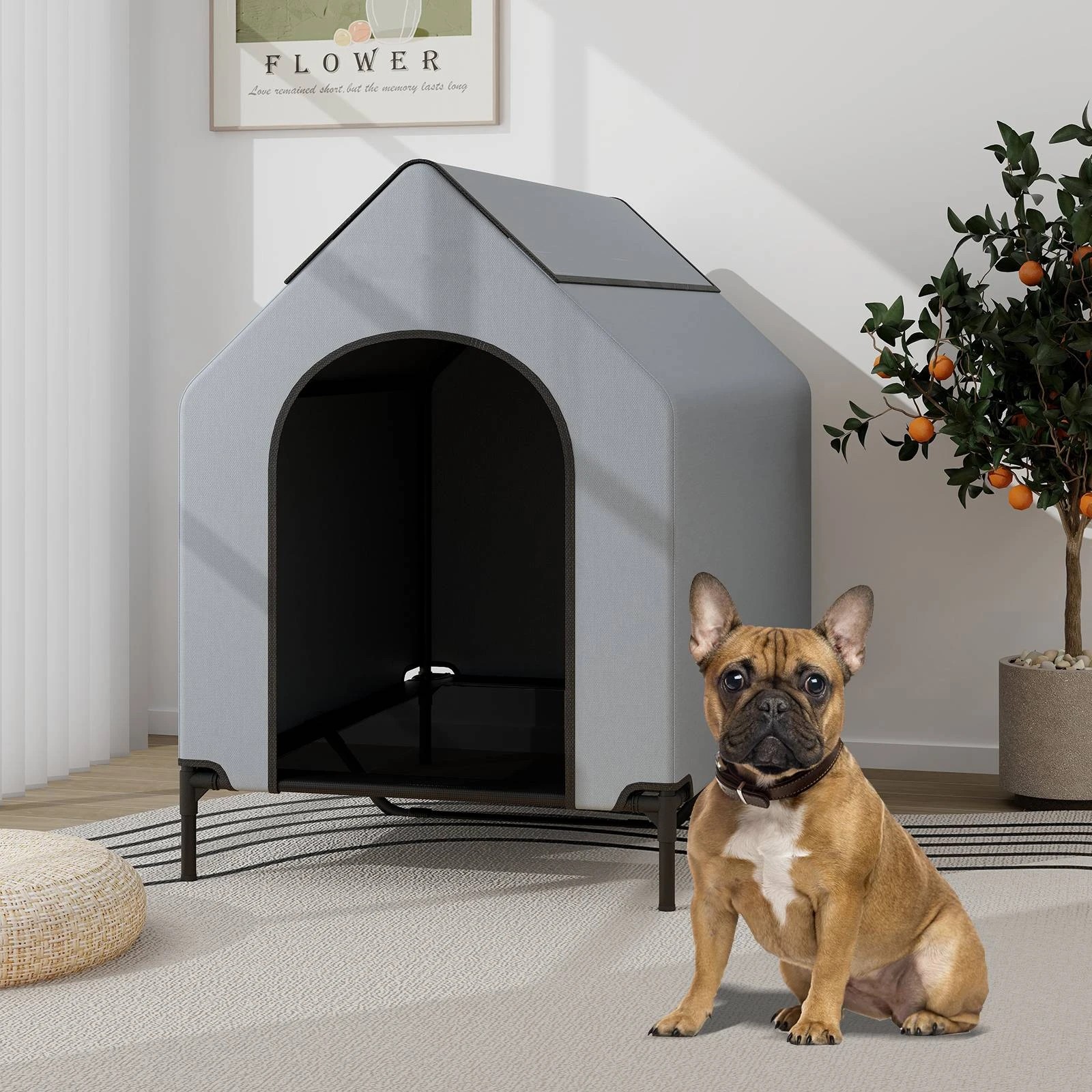 1 Costway Elevated Dog Kennel House w/Elevated Mesh Bed Outside Pet Shelter 108x106x75cm - Grey, 1 of 2