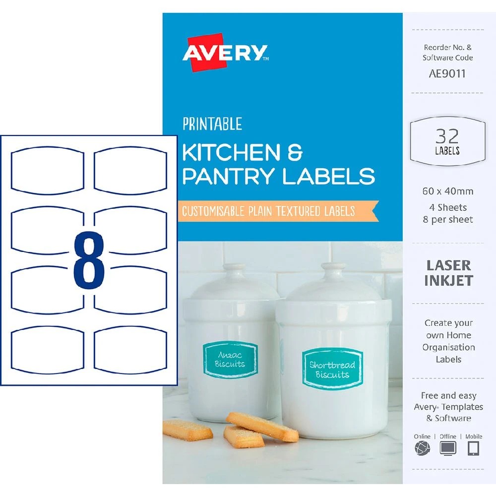 1 Avery Inkjet Laser Kitchen Labels 60 x 40mm White 32 Pack, 1 of 4