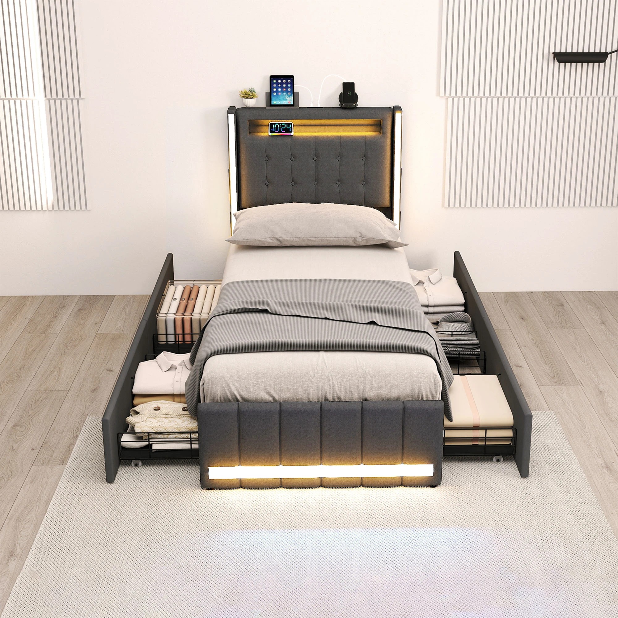 7 Levede Single Bed Frame Linen Fabric with LED Charging Station and 4 Drawers - Grey, 7 of 9
