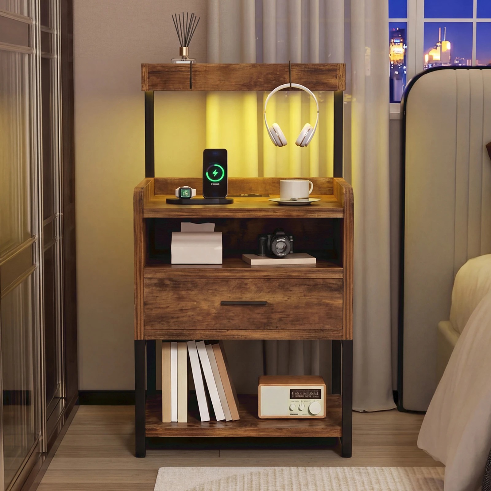 4 Advwin Bedside Table with Charging Station LED Lights Drawer and Open Storage Shelves - Brown, 4 of 10