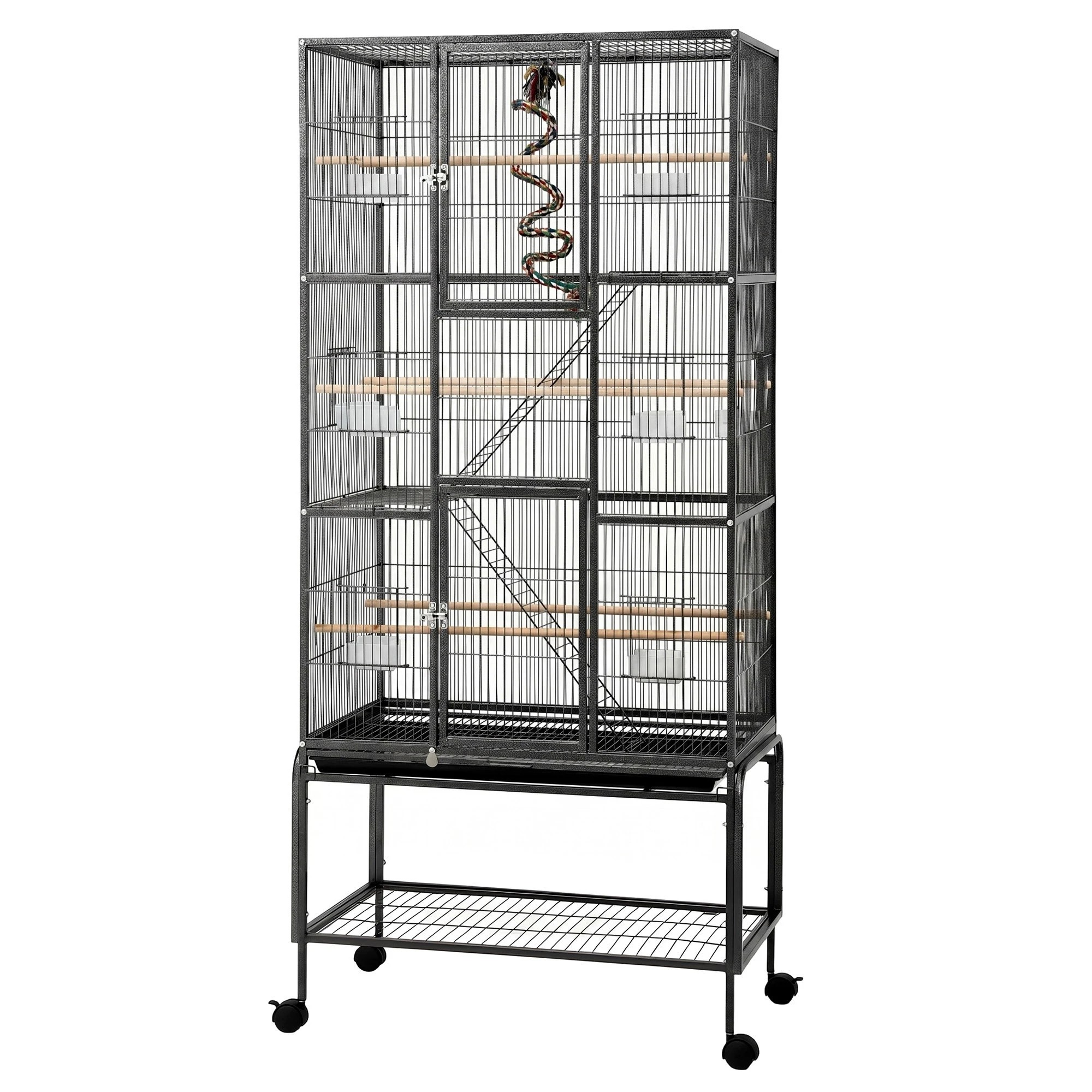 1 i.Pet 3-Tier Large Bird Cage Aviary with Ladder Parrot Budgie Wheels - Black, 1 of 8