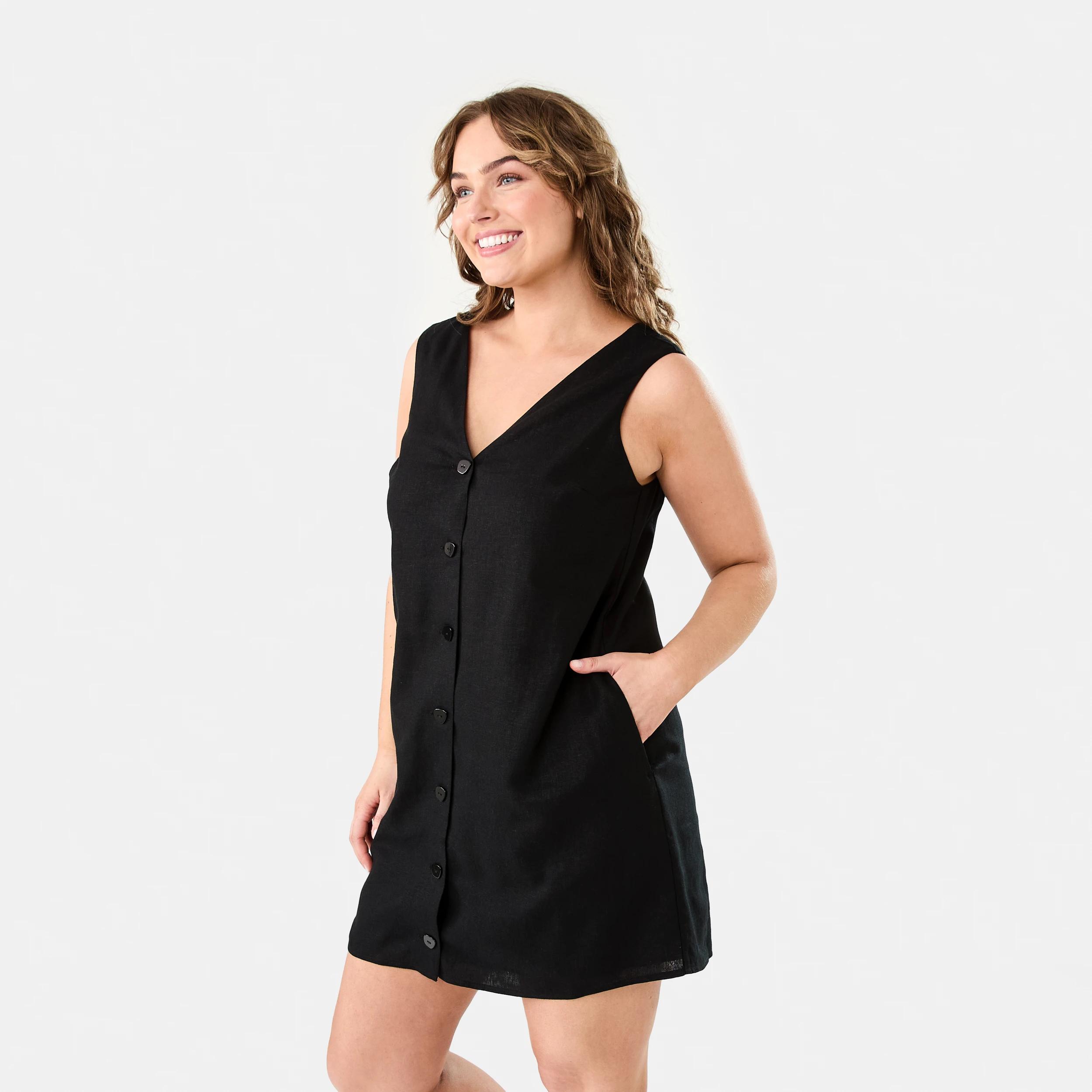 3 Sleeveless V-neck Linen Blend Button Mini Dress Black, 3 of 9