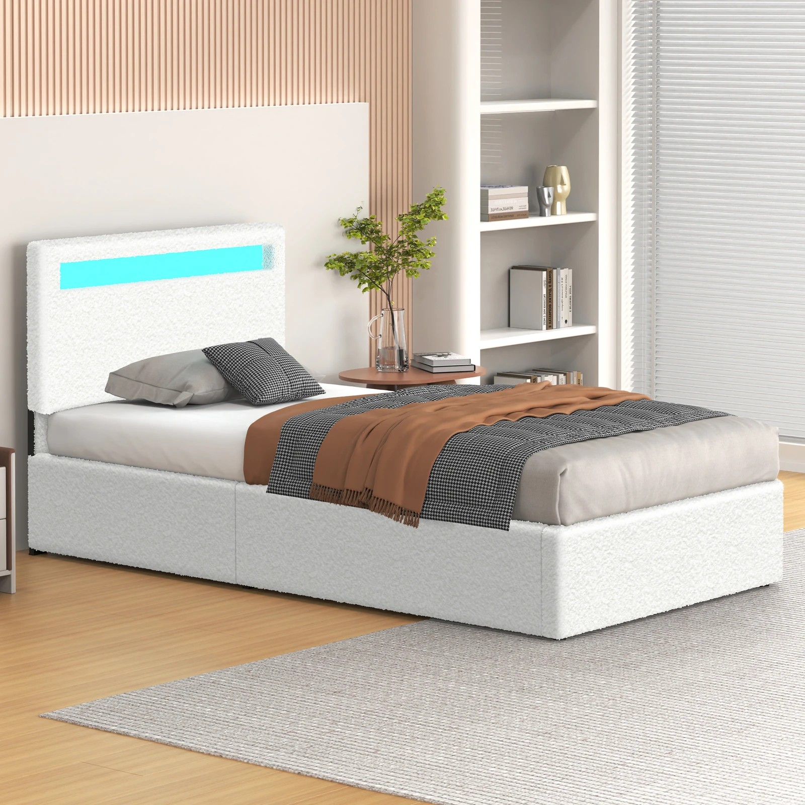 5 Alfordson Bed Frame King Single RGB LED Gas Lift Storage Base Boucle Luchino - White, 5 of 10