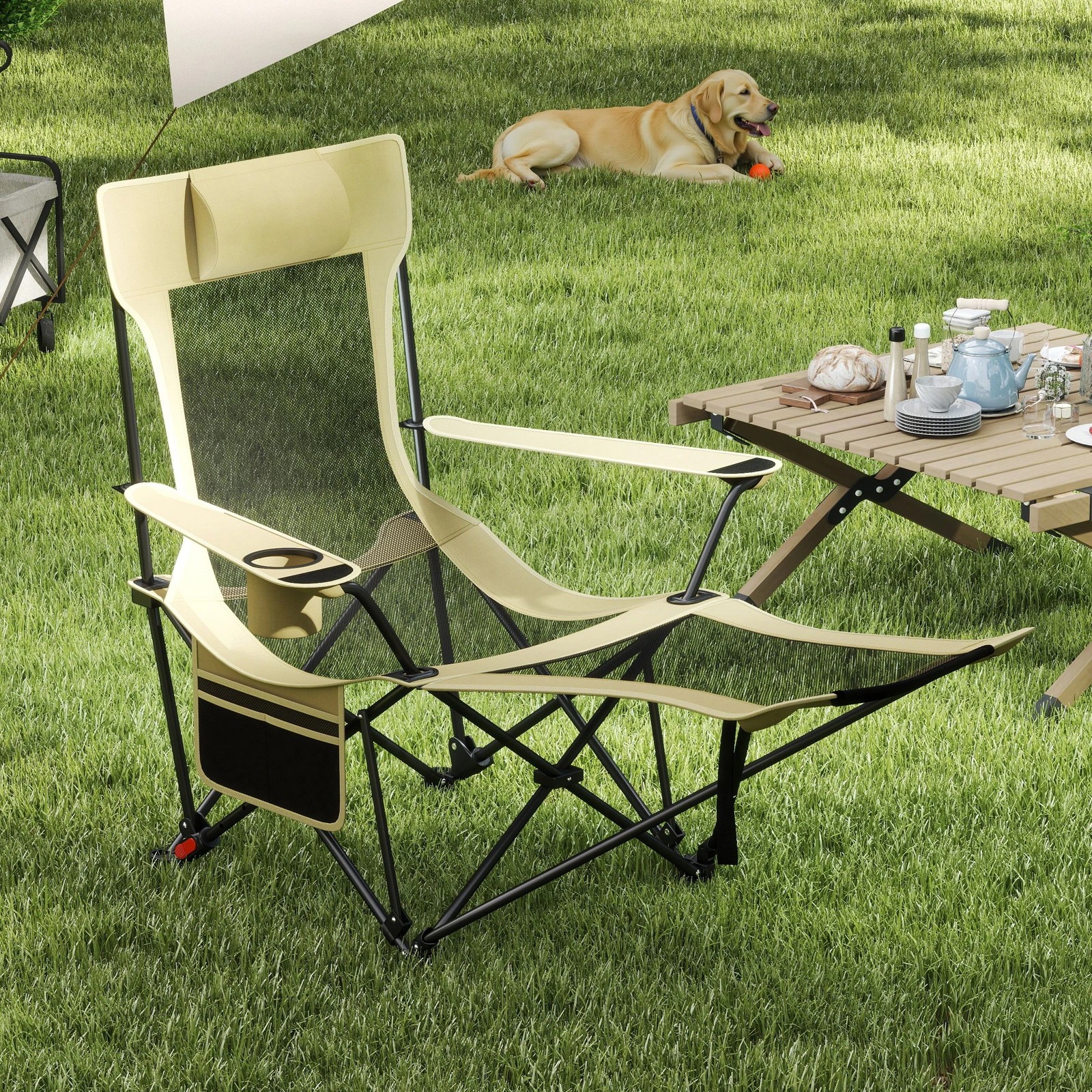 1 Costway 2 in 1 Folding Camping Lounge Chair Ourdoor Reclining w/Detachable Footrest - Grey, 1 of 3
