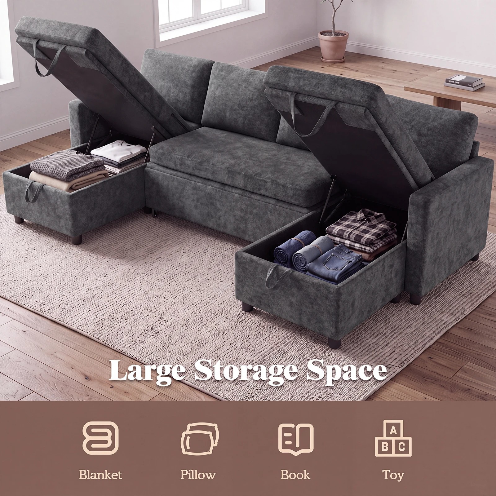 9 Advwin 253cm Sofa with Pull Out Bed U Shaped Chenille Convertible Sleeper Sofa Bed with Double Storage Chaise - Grey, 9 of 9