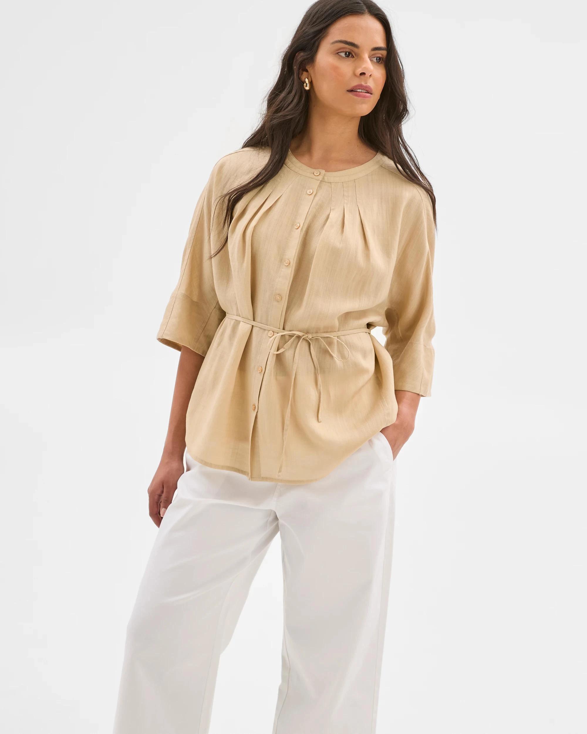 2 Target 3/4 Sleeve Tie Waist Blouse ASH BROWN, 2 of 5