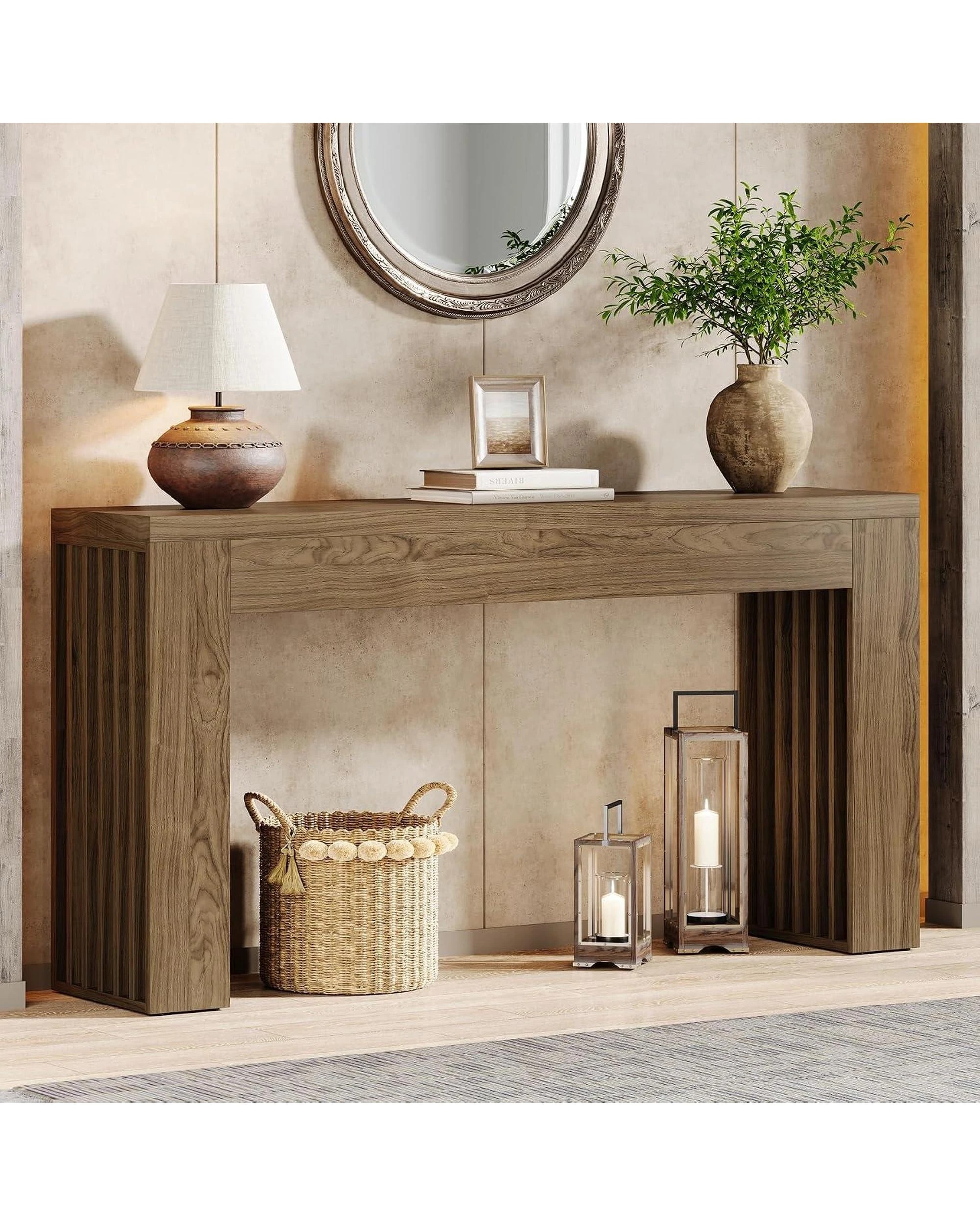 4 OAKORY 150cm Console Table, Slat Leg Entryway Table Behind The Couch, Rustic Brown, 4 of 5