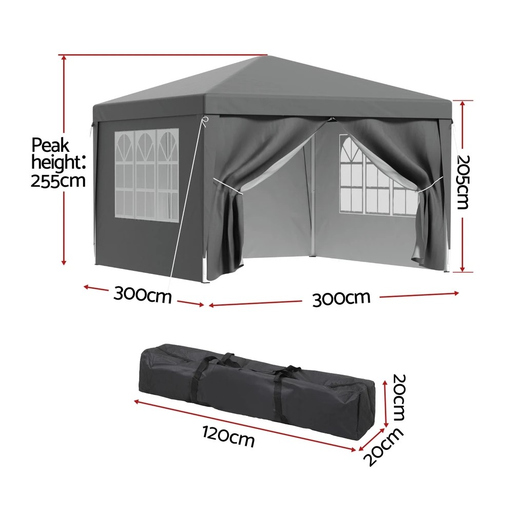 2 Instahut Gazebo 3x3 Pop Up Marquee Folding Tent Wedding Gazebos Camping Outdoor Shade Canopy - Grey, 2 of 6