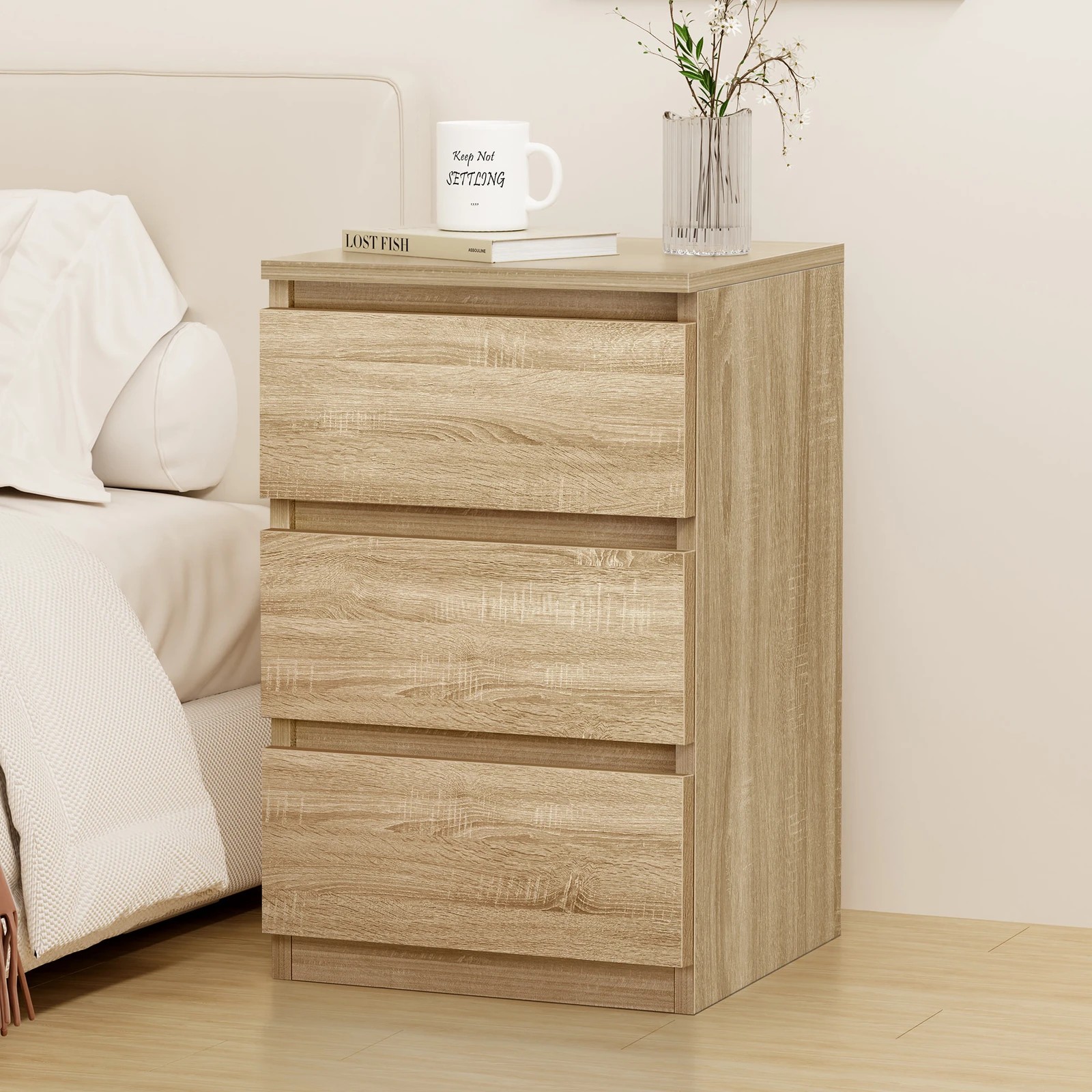 4 Alfordson Bedside Table Nightstand 3 Drawers Side End Table Wood - Oak, 4 of 8