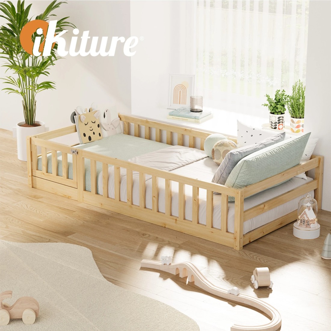 6 Oikiture Single Kids Bed Frame with Gate Fence Wood - Natural, 6 of 10