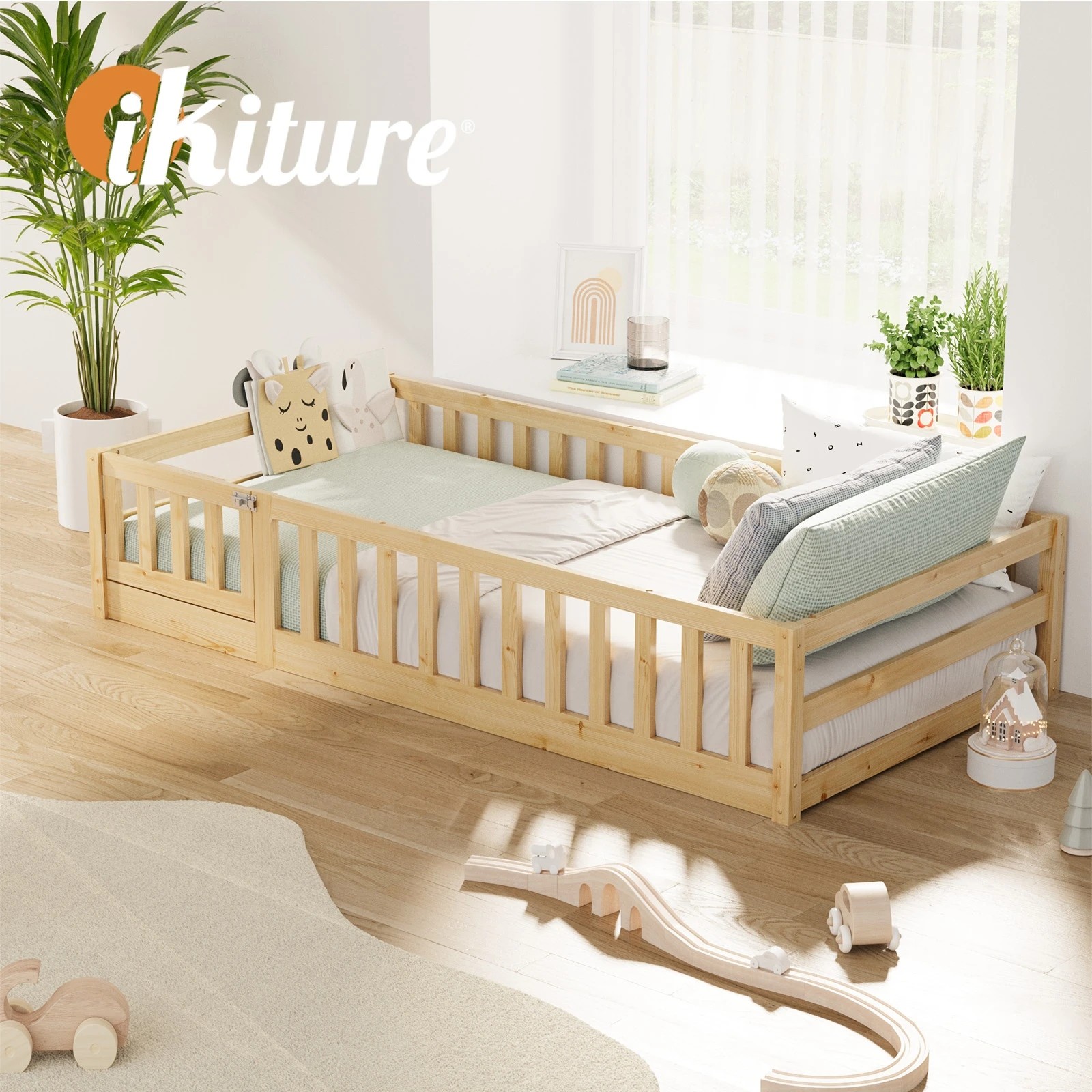 6 Oikiture Single Kids Bed Frame with Gate Fence Wood - Natural, 6 of 10