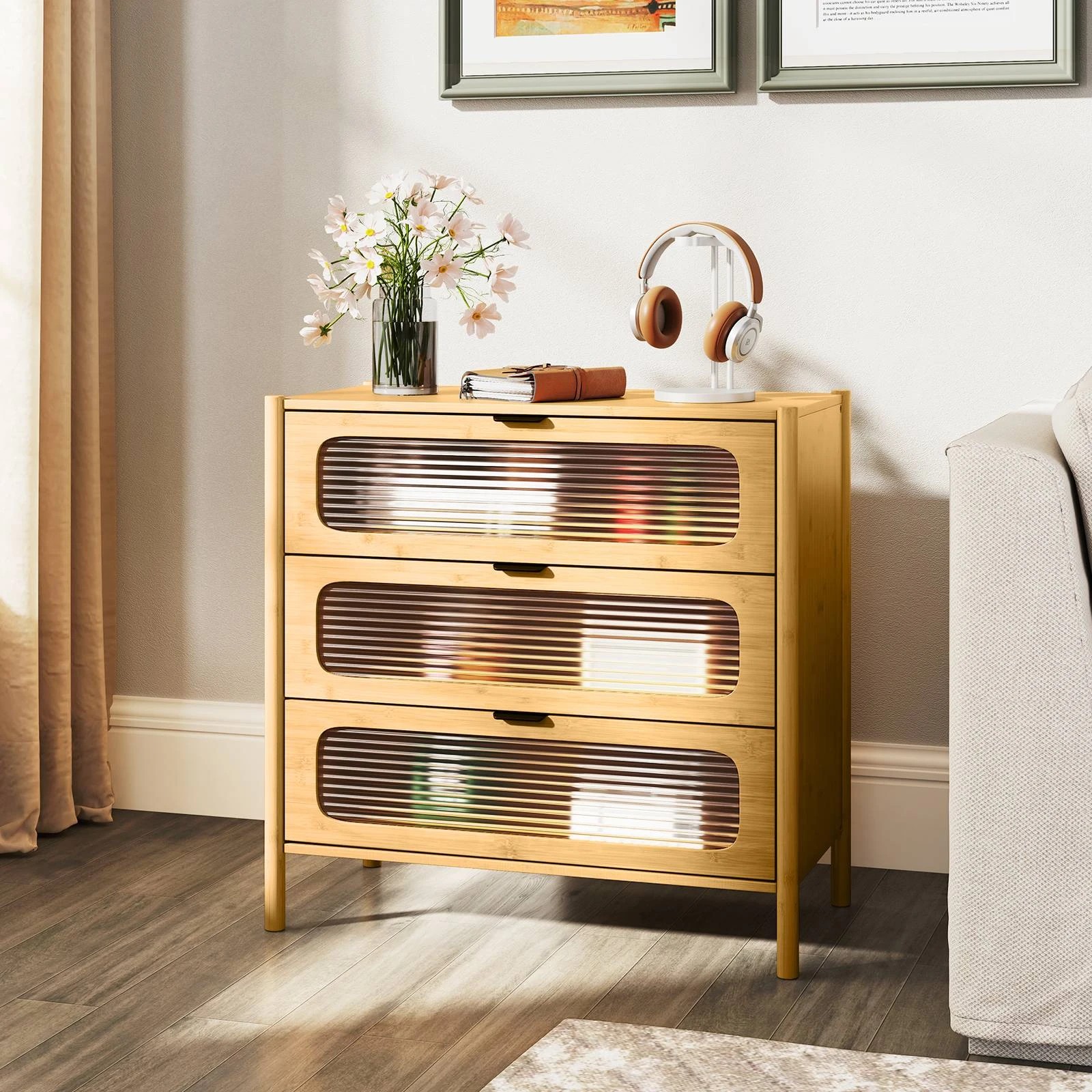2 Costway Bamboo 3-Drawer Dresser Mid Century Modern Chest of Drawers, 2 of 4
