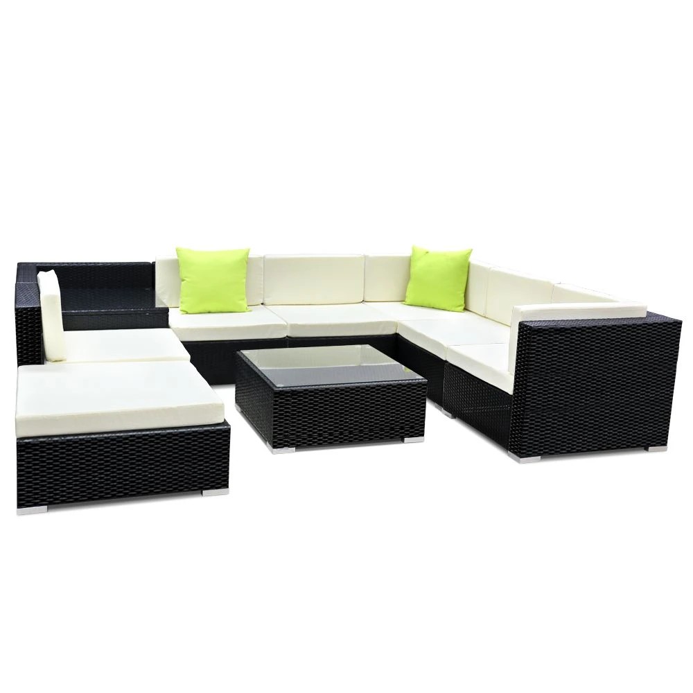 1 Gardeon 9-Piece Outdoor Sofa Set Wicker Couch Lounge Setting 7 Seater - Black, 1 of 7